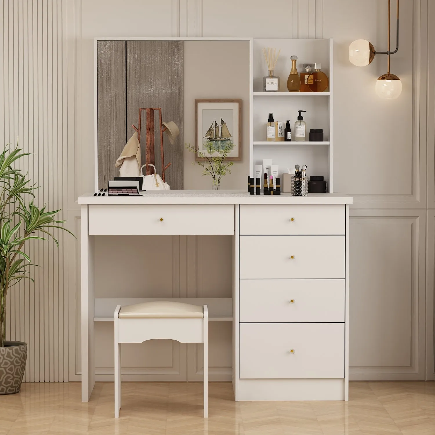 Makeup Vanity Set with Sliding Lighted Mirror, Cushioned Stool, 5 Drawers & Shelves
