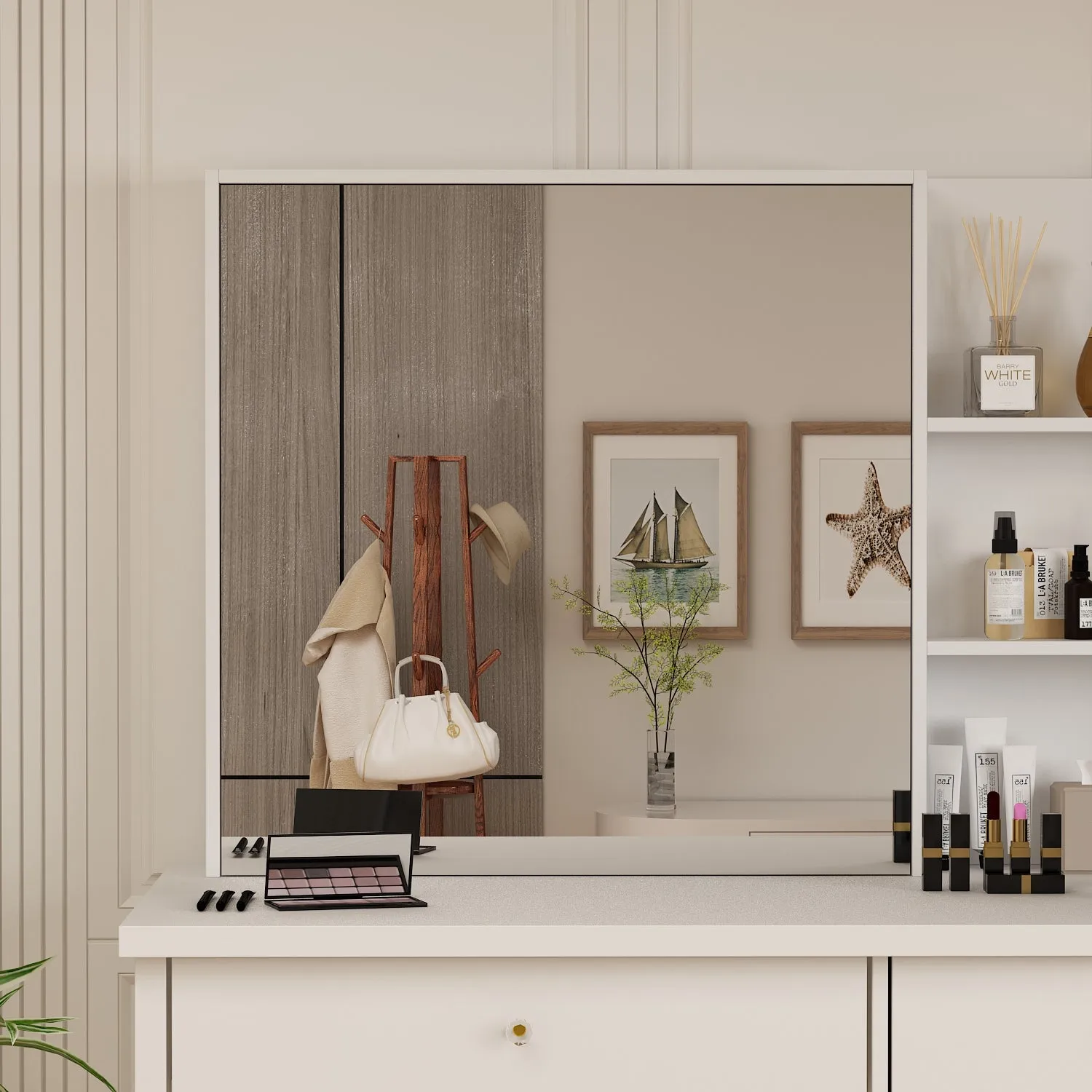 Makeup Vanity Set with Sliding Lighted Mirror, Cushioned Stool, 5 Drawers & Shelves