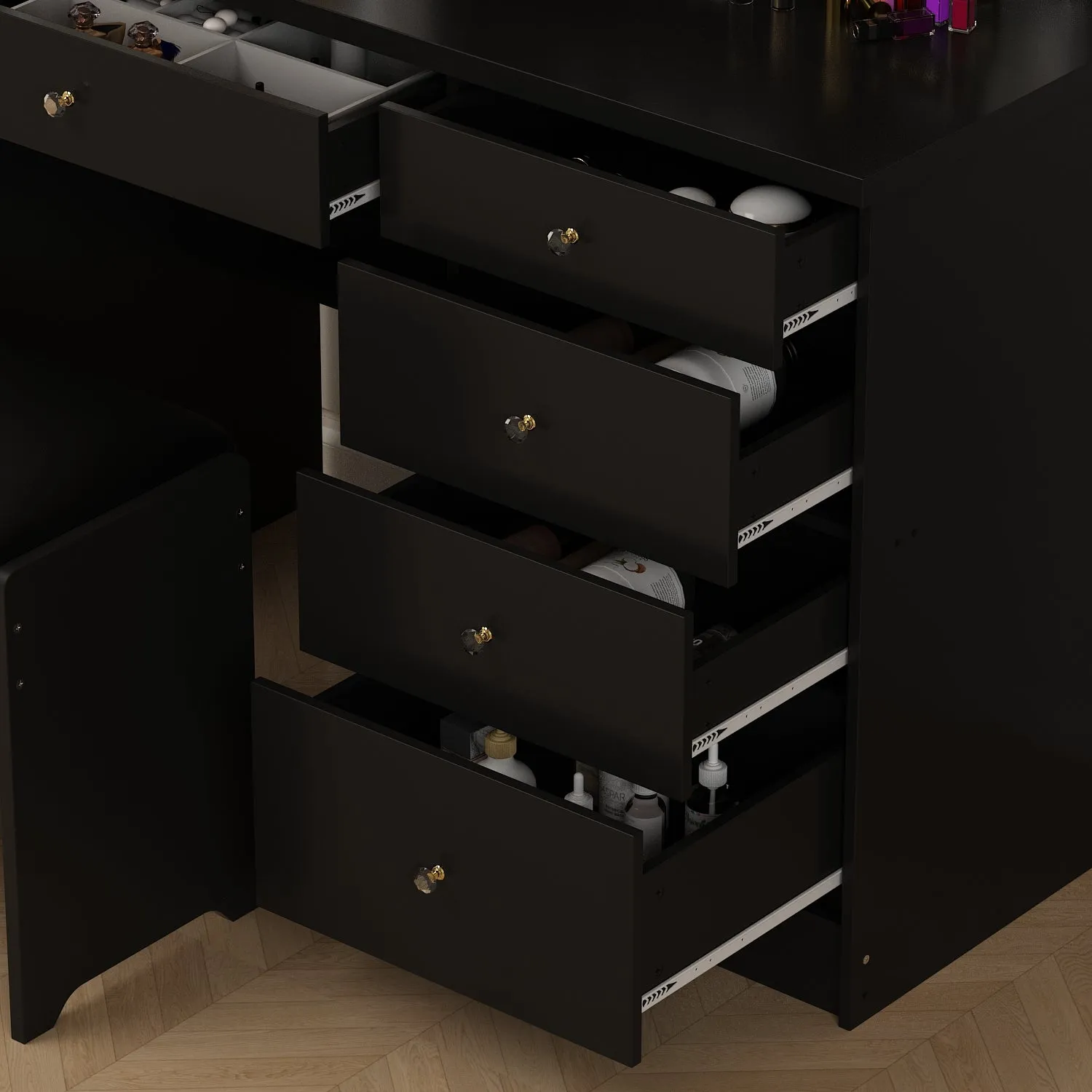 Makeup Vanity Set with Sliding Lighted Mirror, Cushioned Stool, 5 Drawers & Shelves