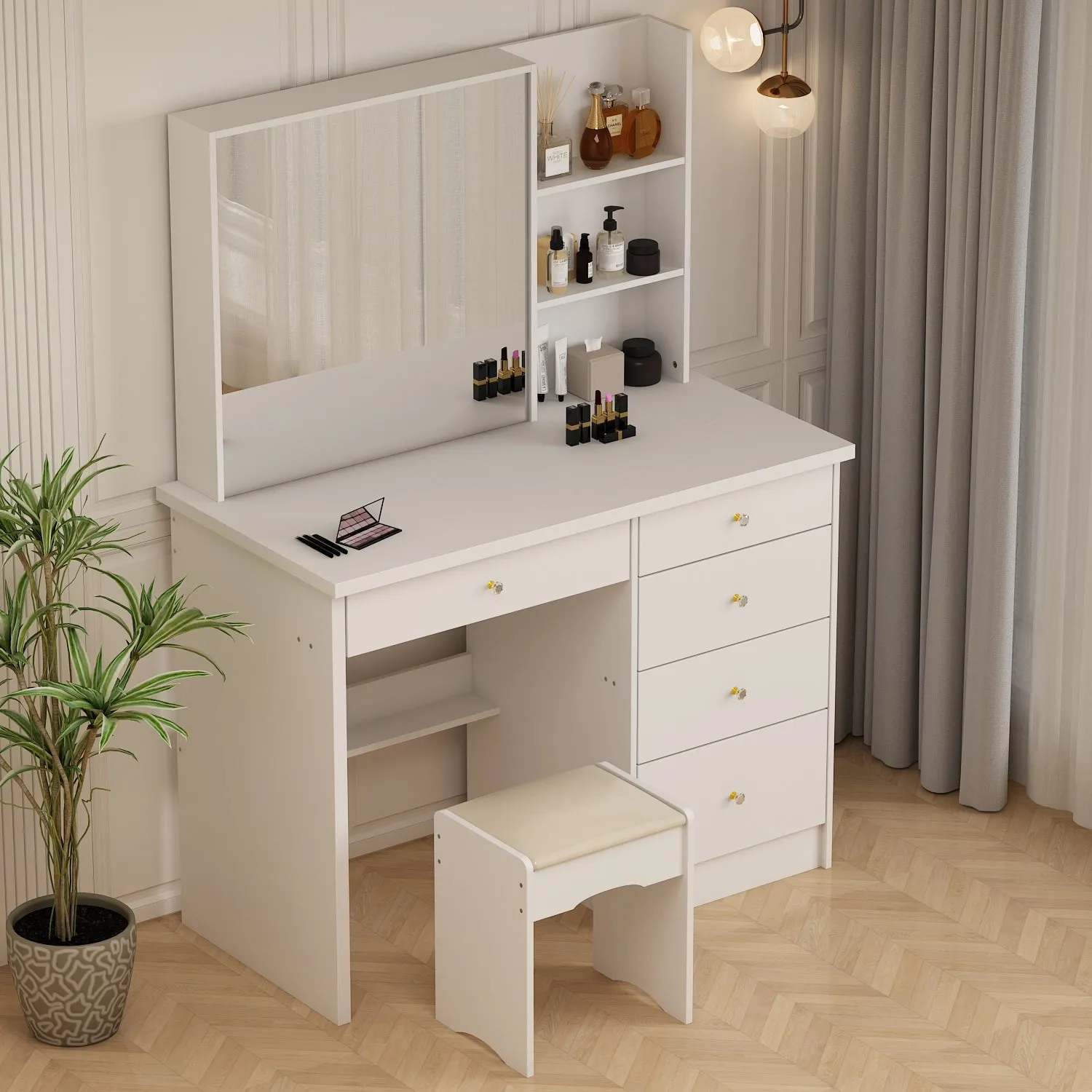 Makeup Vanity Set with Sliding Lighted Mirror, Cushioned Stool, 5 Drawers & Shelves