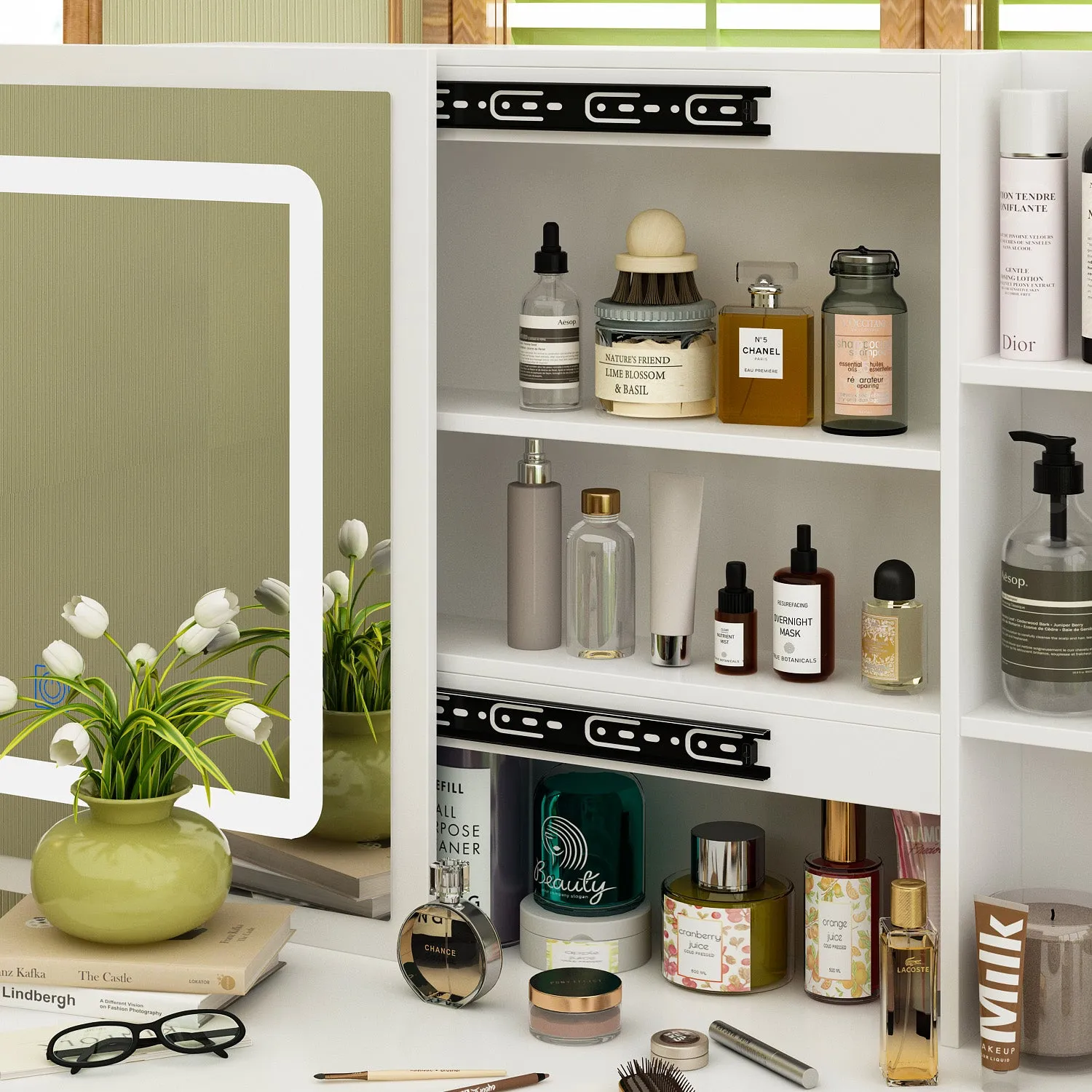 Makeup Vanity Set with Sliding Lighted Mirror, Cushioned Stool, 5 Drawers & Shelves