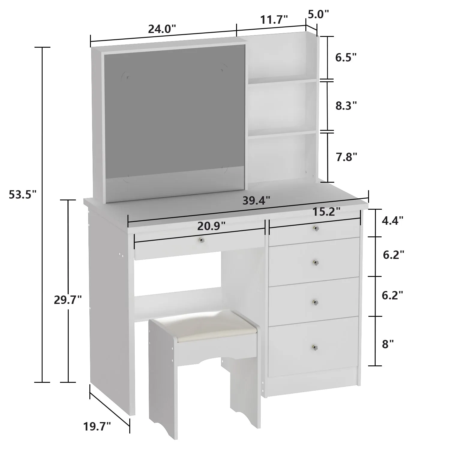 Makeup Vanity Set with Sliding Lighted Mirror, Cushioned Stool, 5 Drawers & Shelves