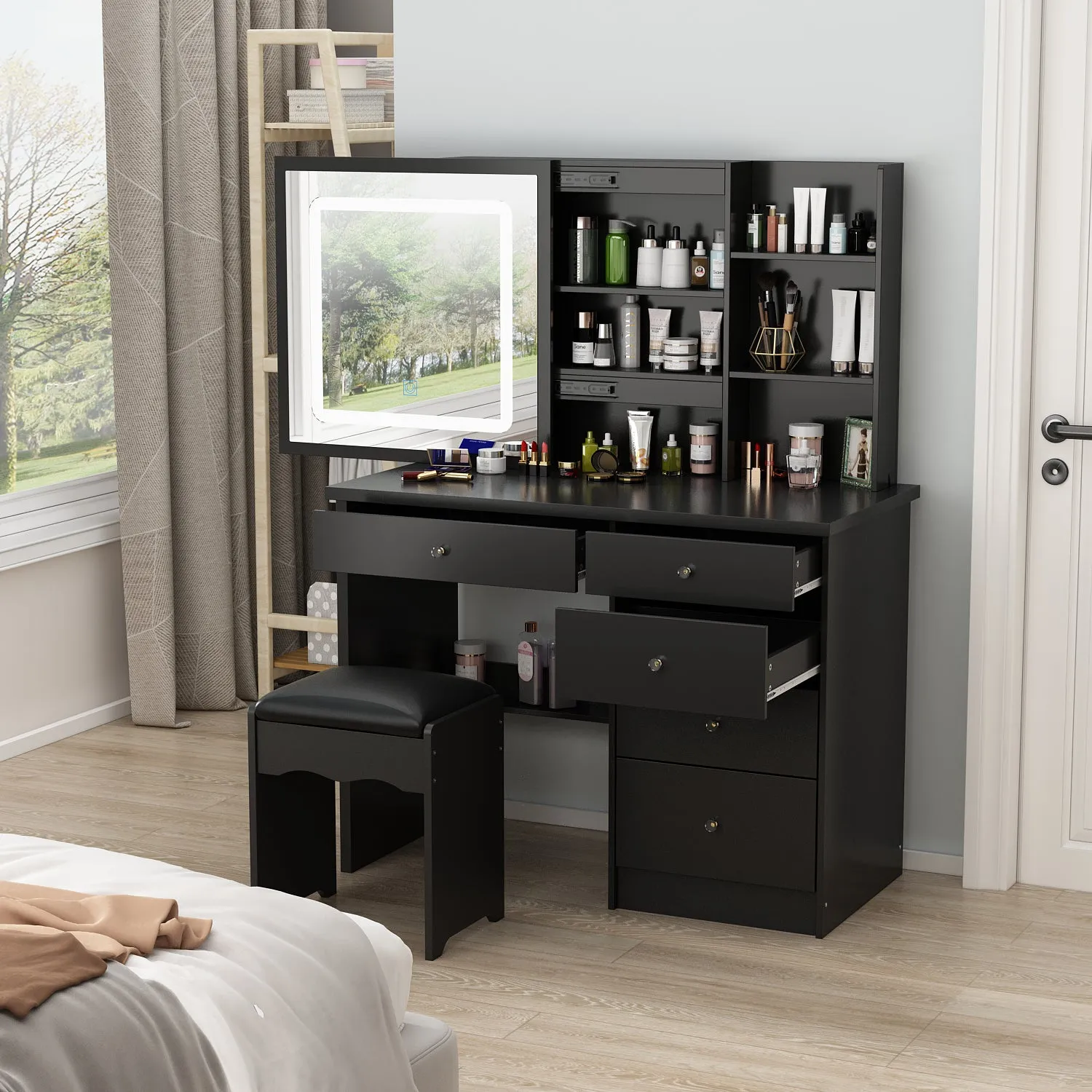 Makeup Vanity Set with Sliding Lighted Mirror, Cushioned Stool, 5 Drawers & Shelves