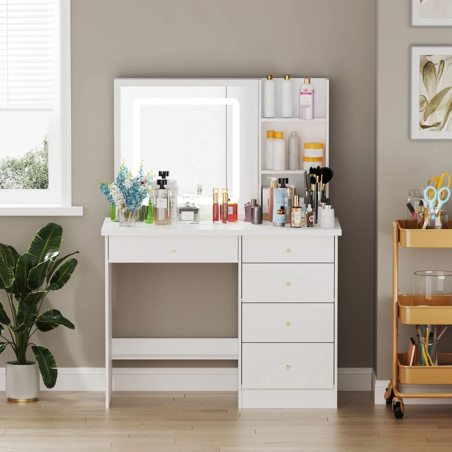 Makeup Vanity Set with Sliding Lighted Mirror, Cushioned Stool, 5 Drawers & Shelves