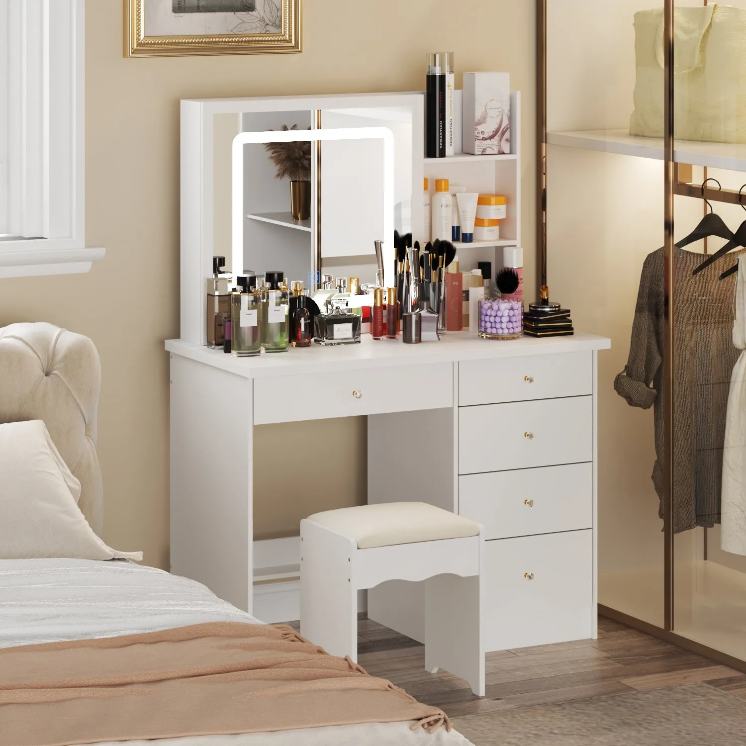 Makeup Vanity Set with Sliding Lighted Mirror, Cushioned Stool, 5 Drawers & Shelves