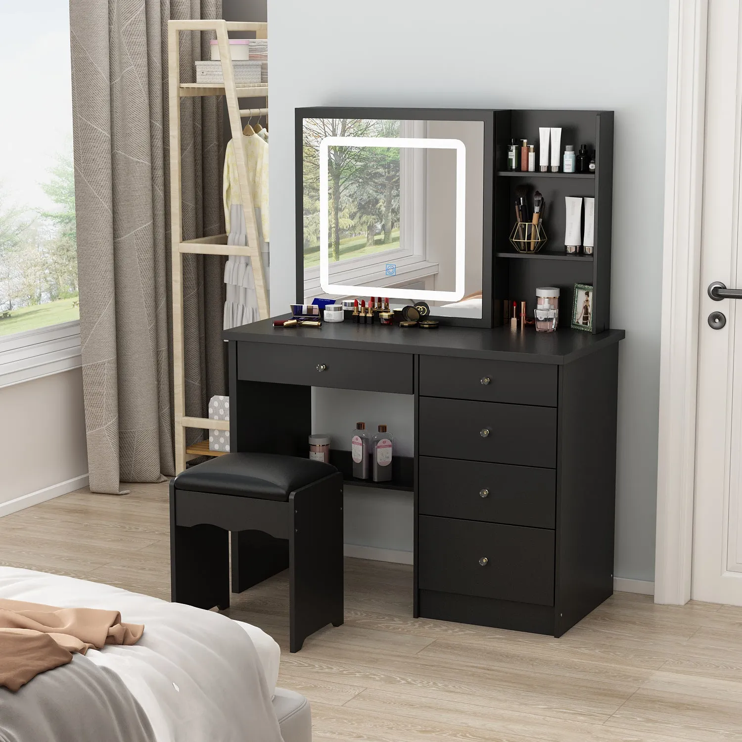 Makeup Vanity Set with Sliding Lighted Mirror, Cushioned Stool, 5 Drawers & Shelves