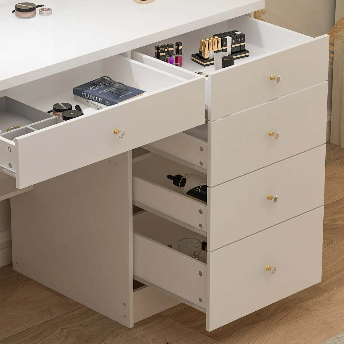 Makeup Vanity Set with Sliding Lighted Mirror, Cushioned Stool, 5 Drawers & Shelves