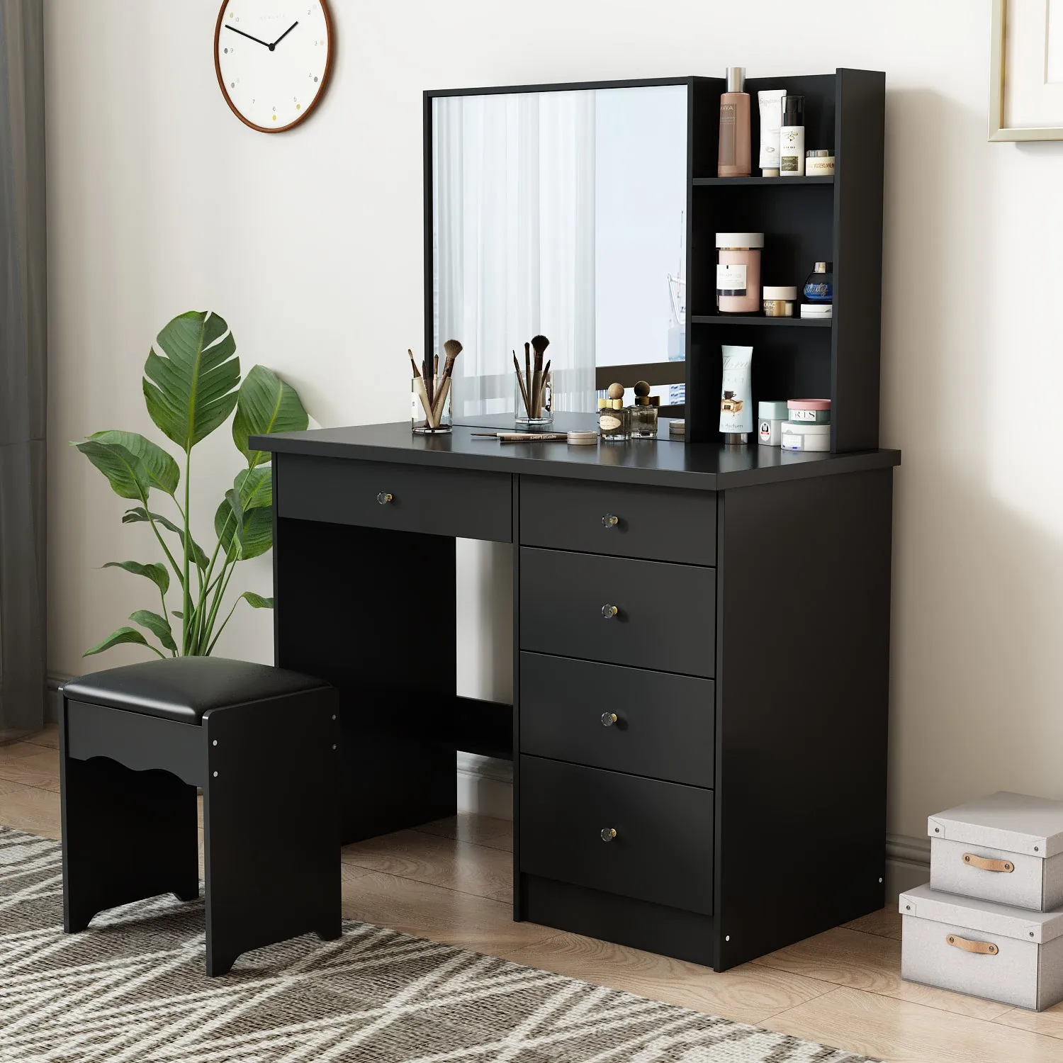 Makeup Vanity Set with Sliding Lighted Mirror, Cushioned Stool, 5 Drawers & Shelves