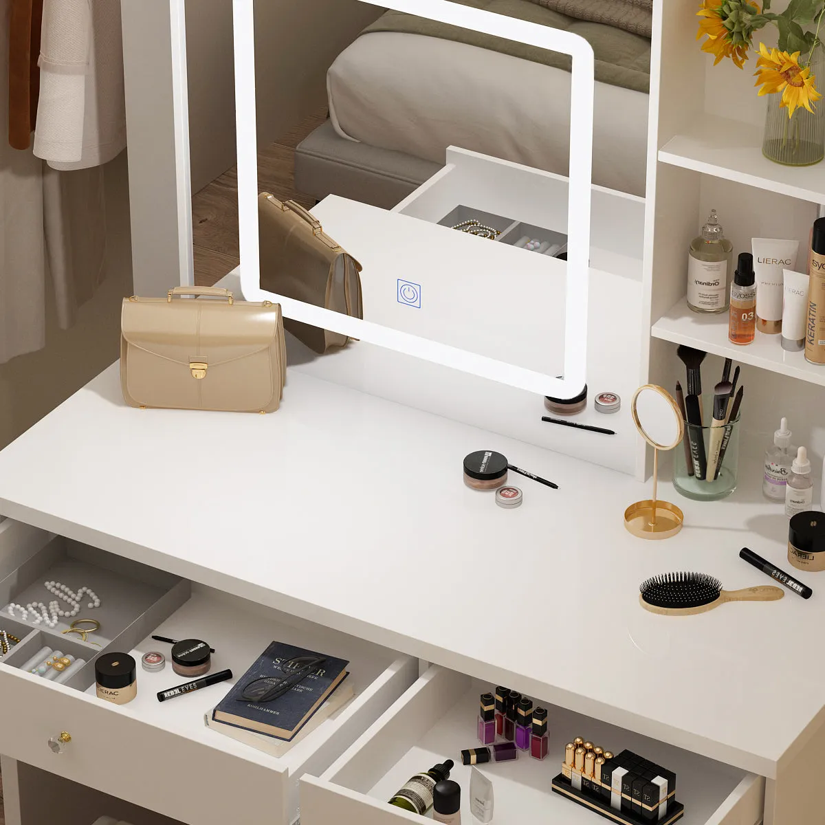 Makeup Vanity Set with Sliding Lighted Mirror, Cushioned Stool, 5 Drawers & Shelves