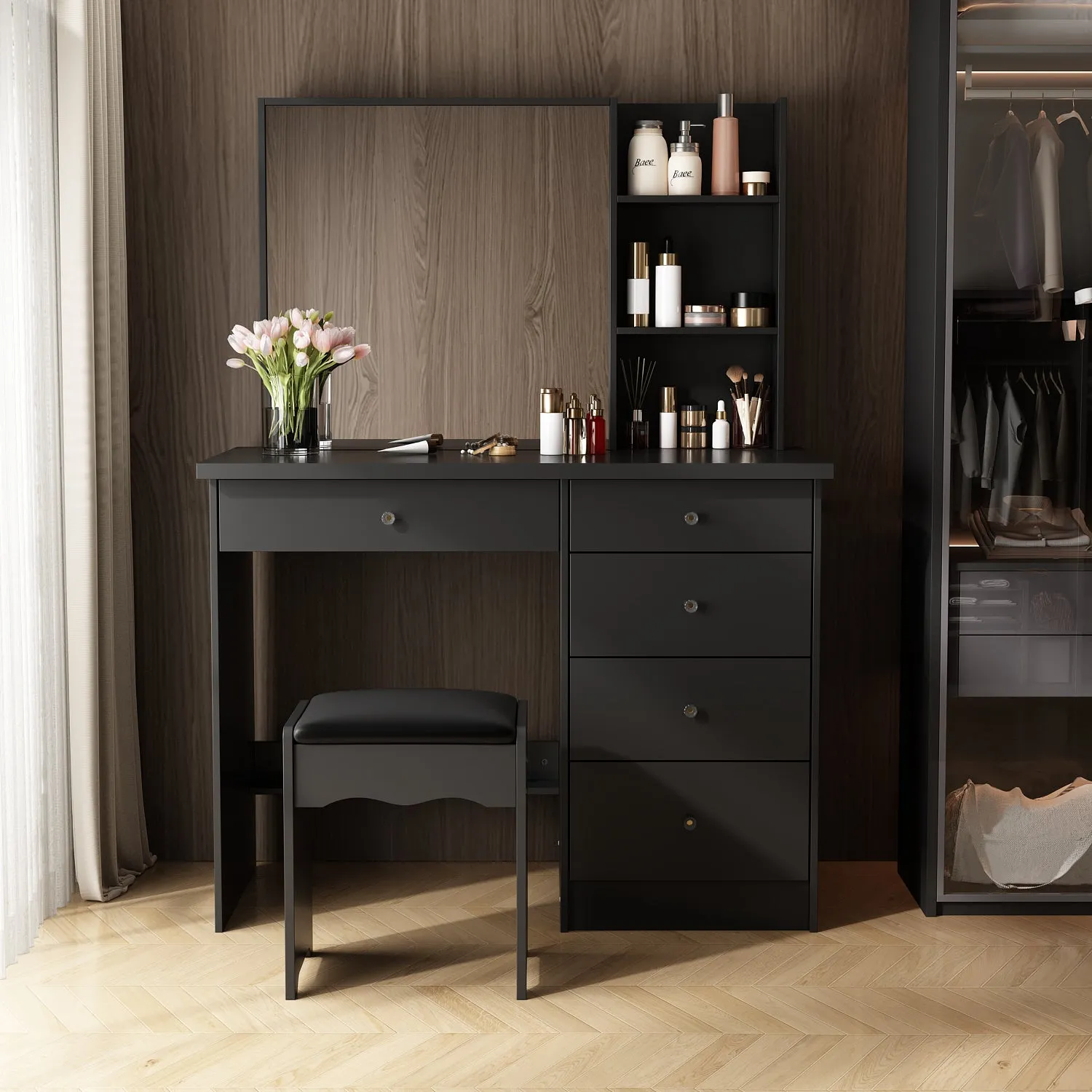 Makeup Vanity Set with Sliding Lighted Mirror, Cushioned Stool, 5 Drawers & Shelves
