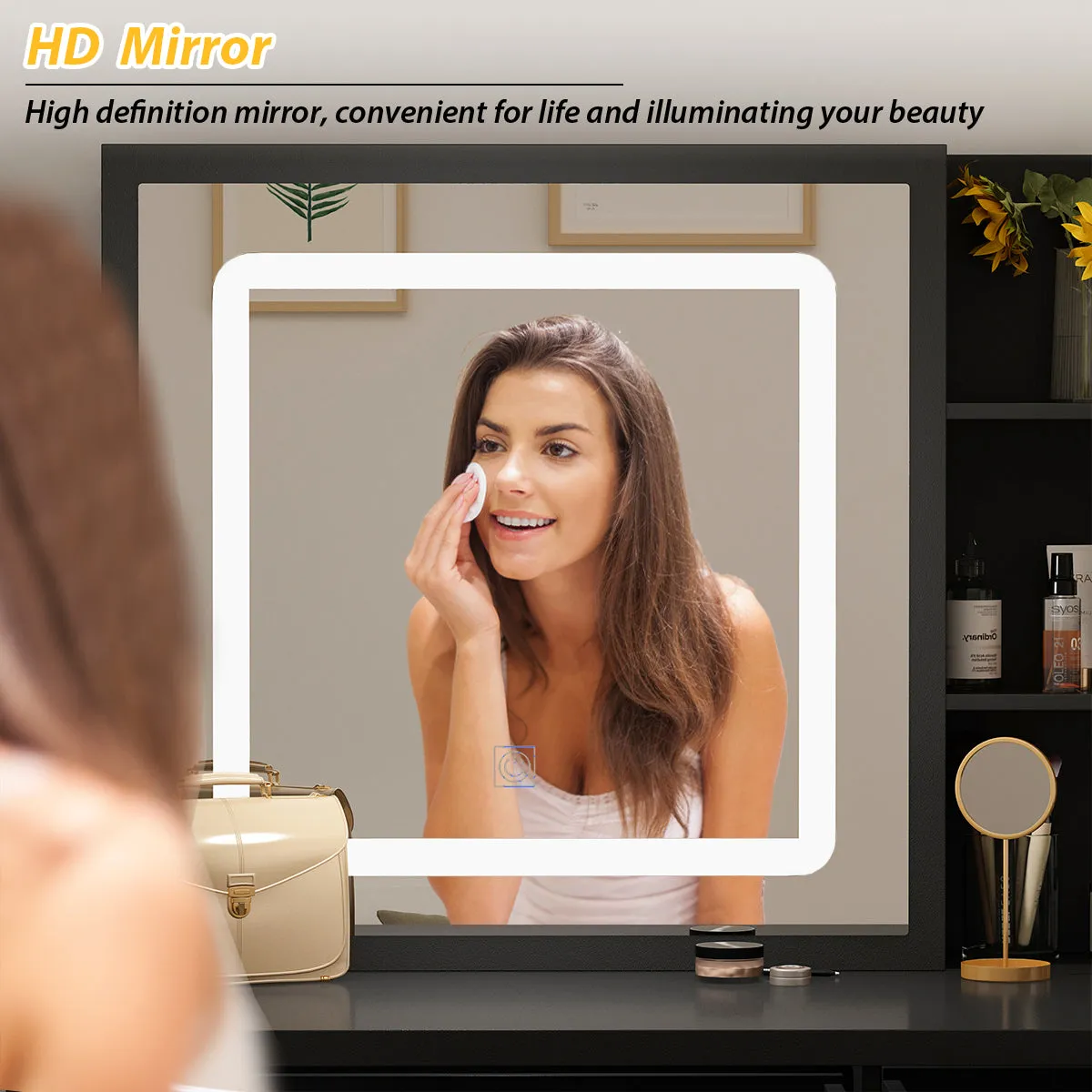 Makeup Vanity Set with Sliding Lighted Mirror, Cushioned Stool, 5 Drawers & Shelves