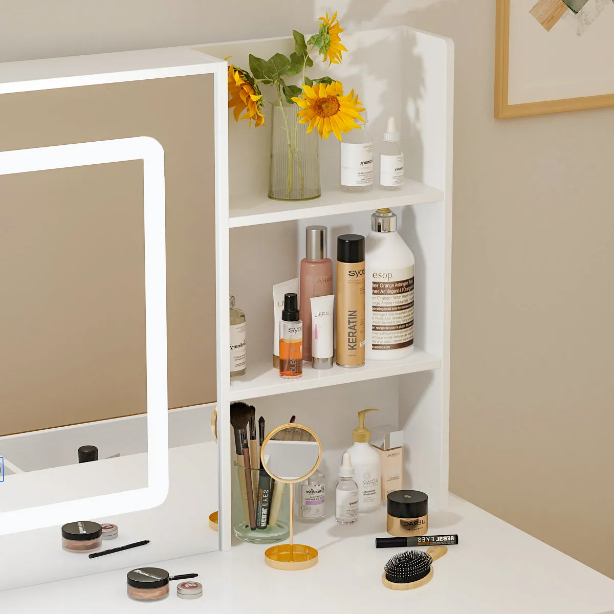 Makeup Vanity Set with Sliding Lighted Mirror, Cushioned Stool, 5 Drawers & Shelves
