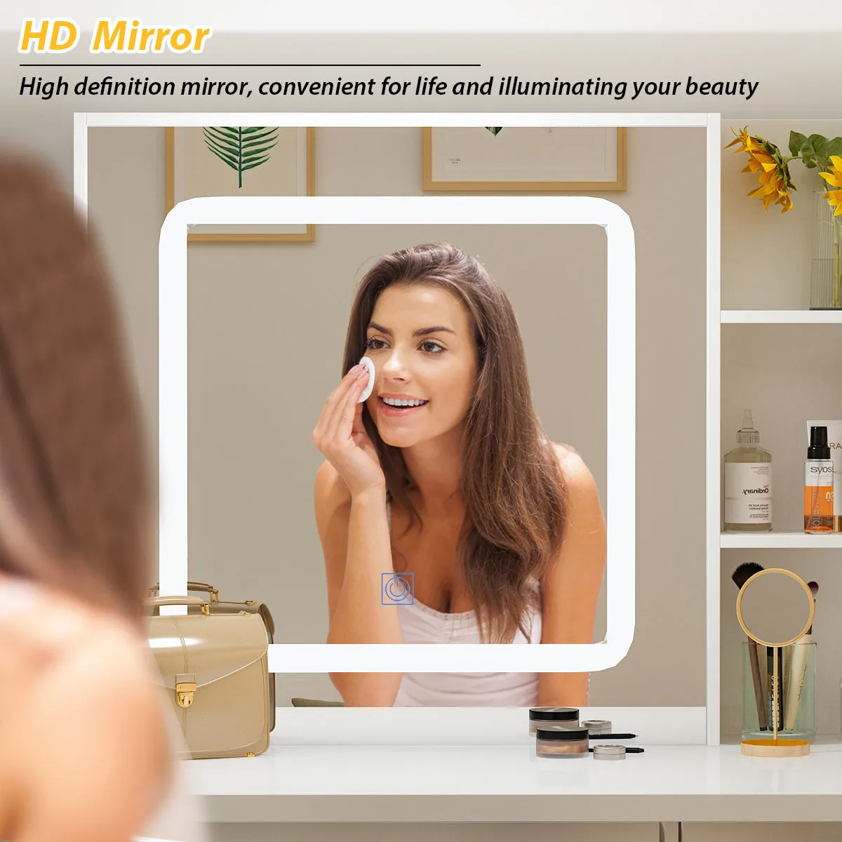 Makeup Vanity Set with Sliding Lighted Mirror, Cushioned Stool, 5 Drawers & Shelves
