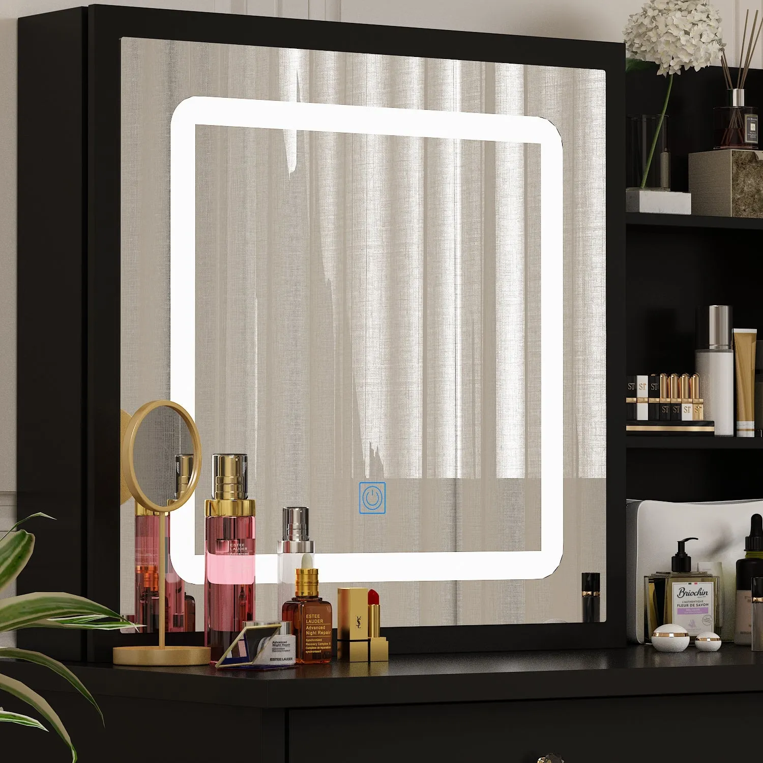 Makeup Vanity Set with Sliding Lighted Mirror, Cushioned Stool, 5 Drawers & Shelves