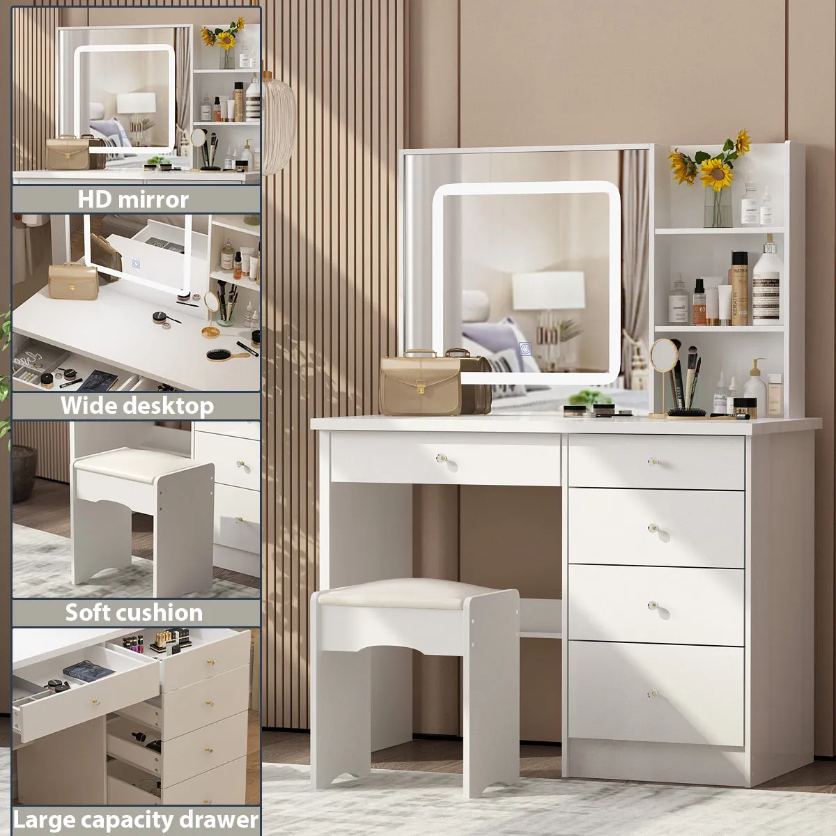 Makeup Vanity Set with Sliding Lighted Mirror, Cushioned Stool, 5 Drawers & Shelves