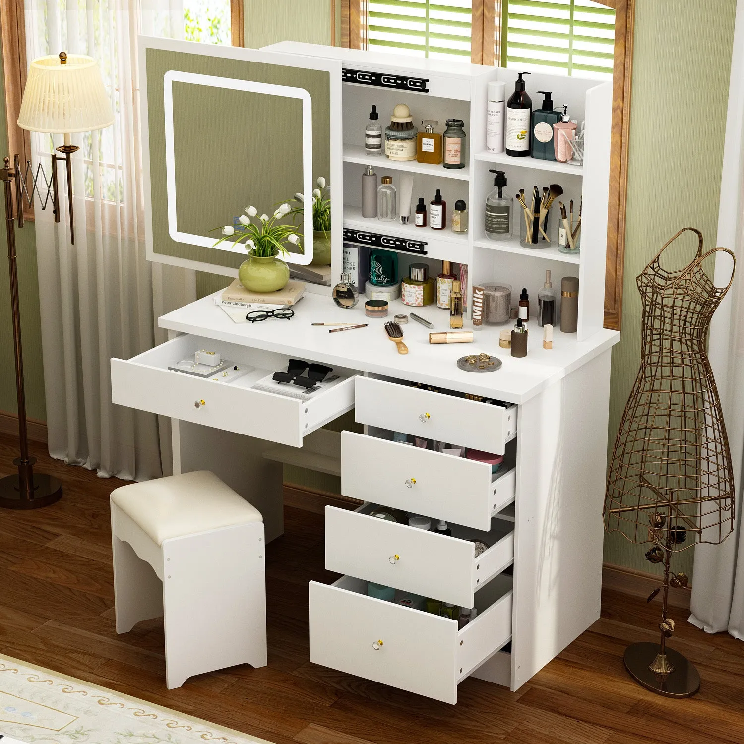 Makeup Vanity Set with Sliding Lighted Mirror, Cushioned Stool, 5 Drawers & Shelves