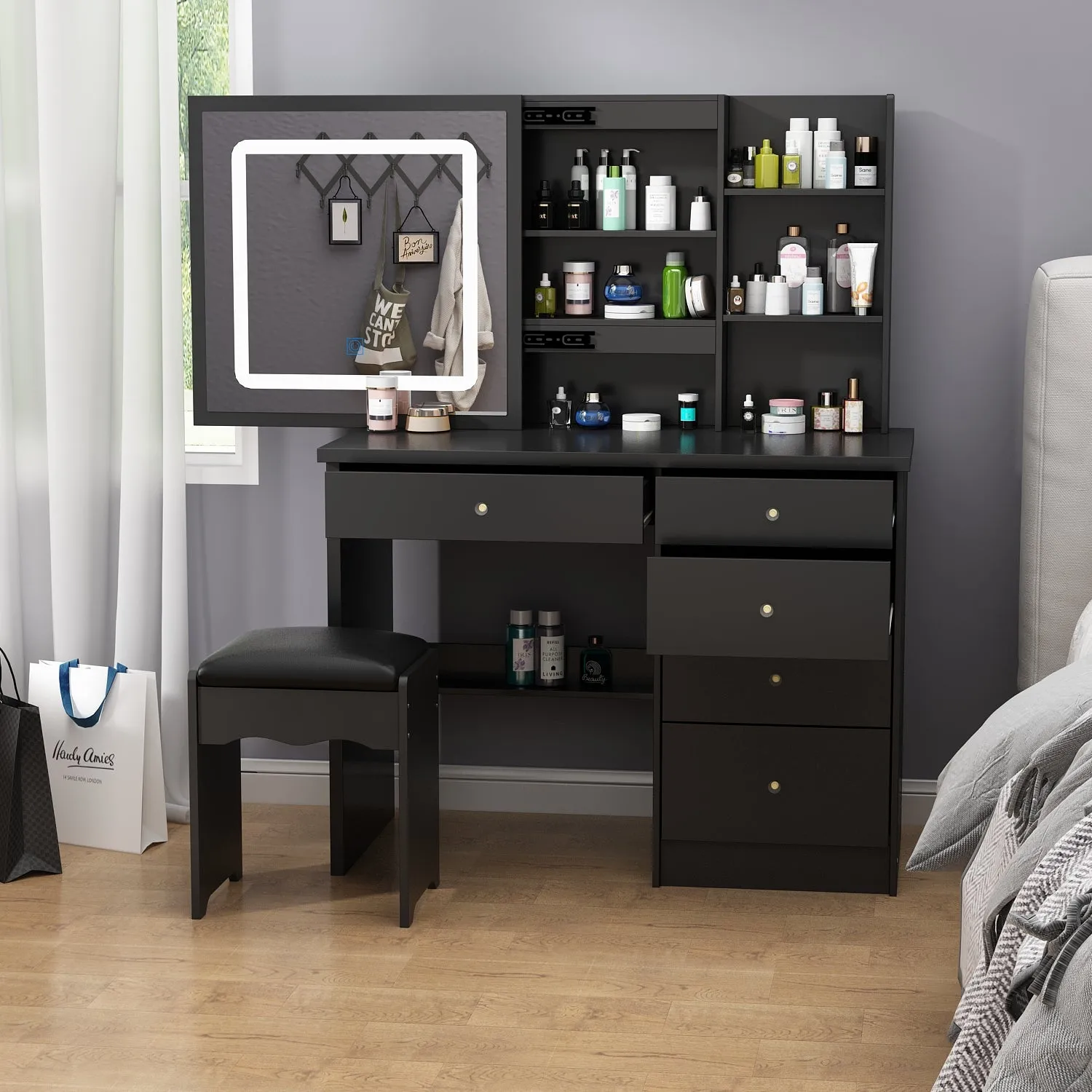 Makeup Vanity Set with Sliding Lighted Mirror, Cushioned Stool, 5 Drawers & Shelves