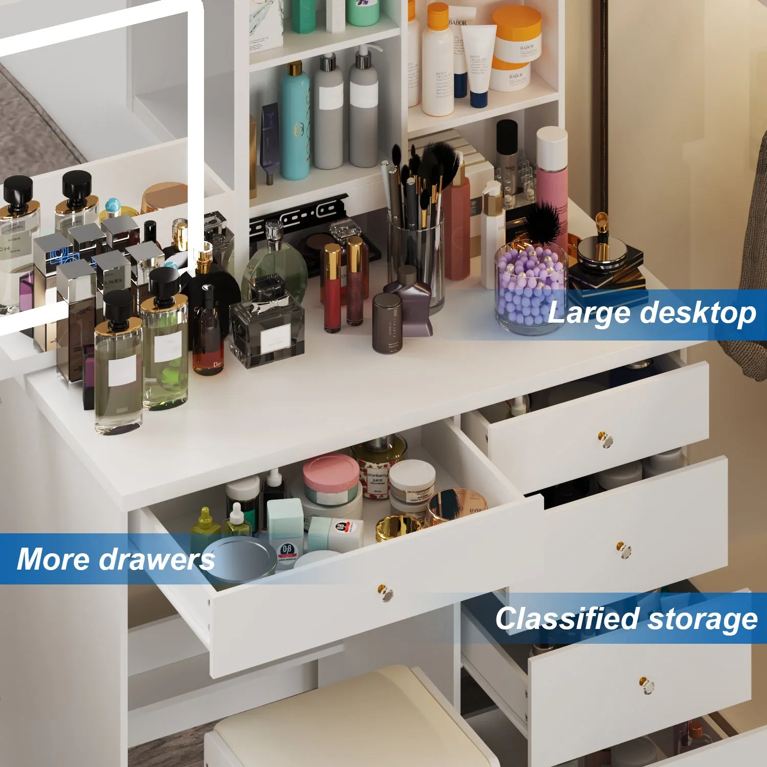 Makeup Vanity Set with Sliding Lighted Mirror, Cushioned Stool, 5 Drawers & Shelves