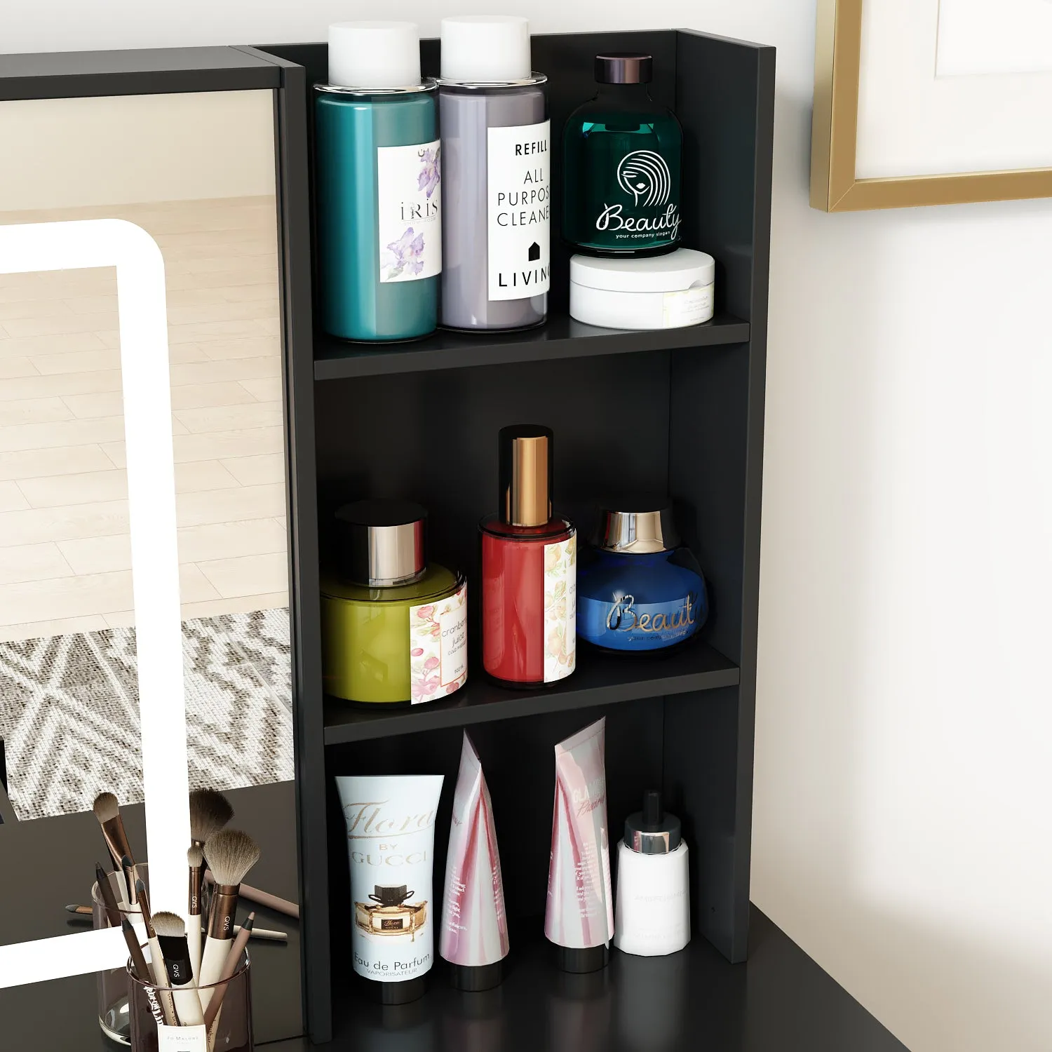 Makeup Vanity Set with Sliding Lighted Mirror, Cushioned Stool, 5 Drawers & Shelves