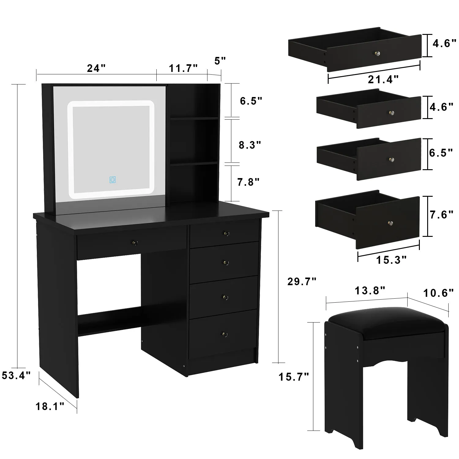 Makeup Vanity Set with Sliding Lighted Mirror, Cushioned Stool, 5 Drawers & Shelves
