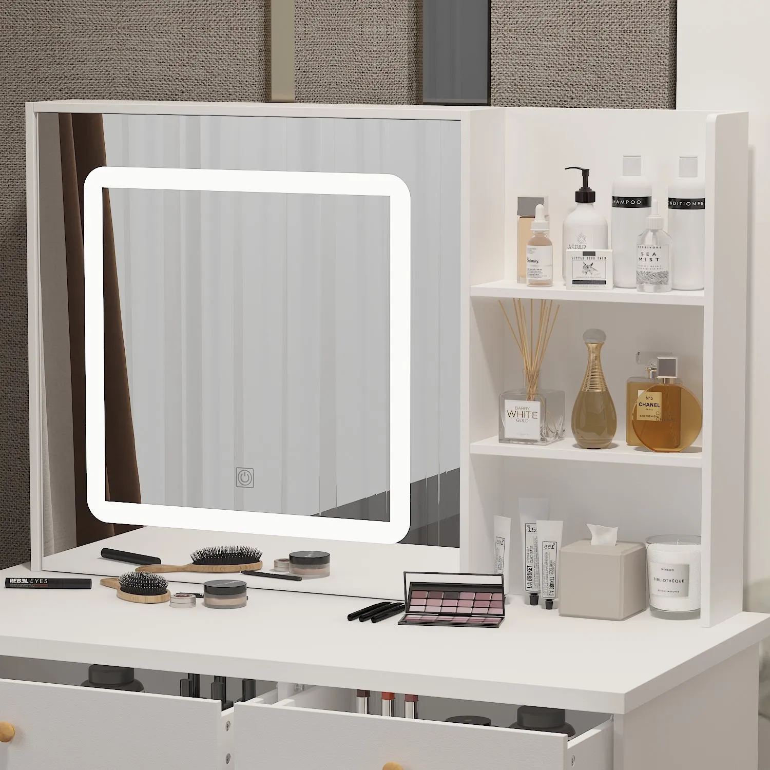 Makeup Vanity Set with Sliding Lighted Mirror, Cushioned Stool, 5 Drawers & Shelves