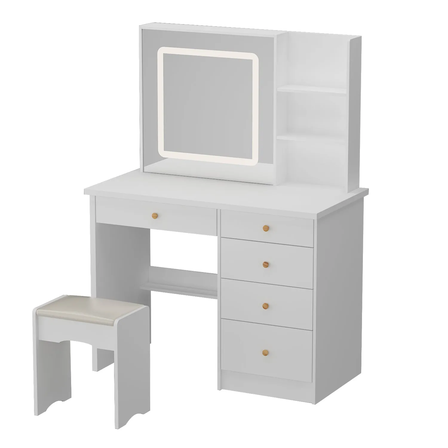 Makeup Vanity Set with Sliding Lighted Mirror, Cushioned Stool, 5 Drawers & Shelves