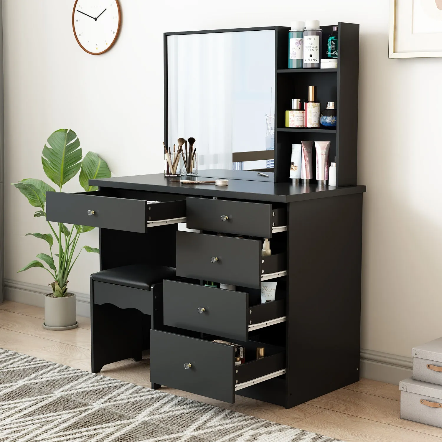 Makeup Vanity Set with Sliding Lighted Mirror, Cushioned Stool, 5 Drawers & Shelves
