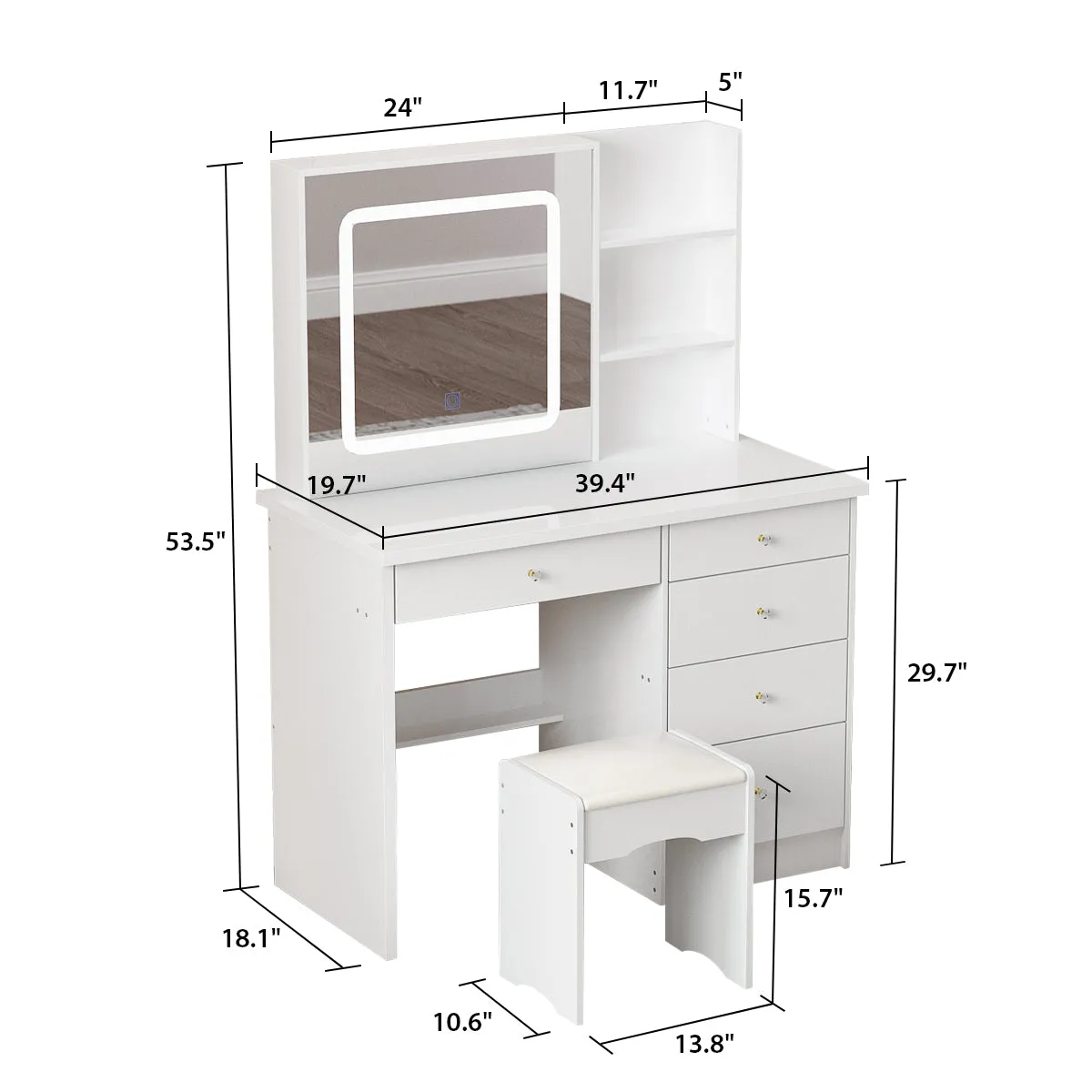 Makeup Vanity Set with Sliding Lighted Mirror, Cushioned Stool, 5 Drawers & Shelves