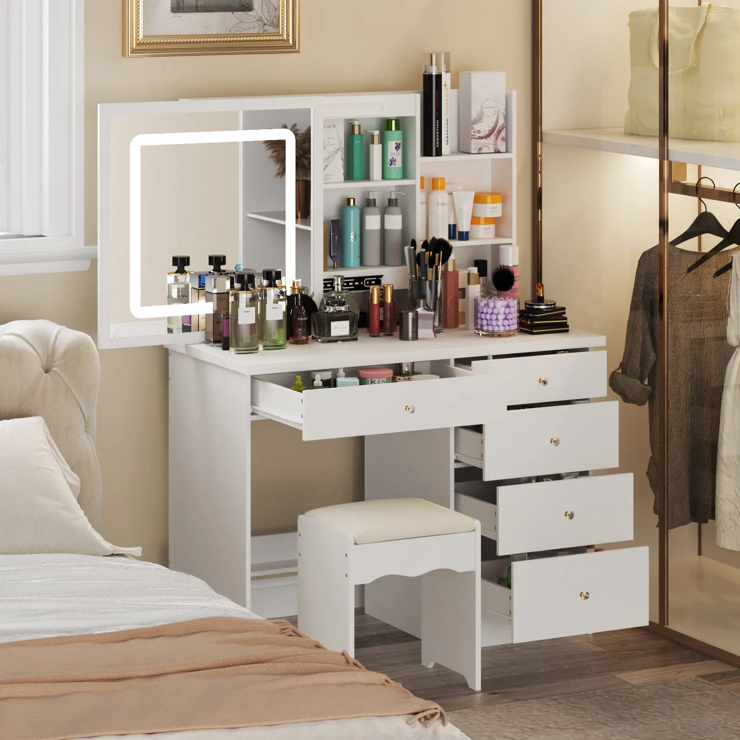 Makeup Vanity Set with Sliding Lighted Mirror, Cushioned Stool, 5 Drawers & Shelves