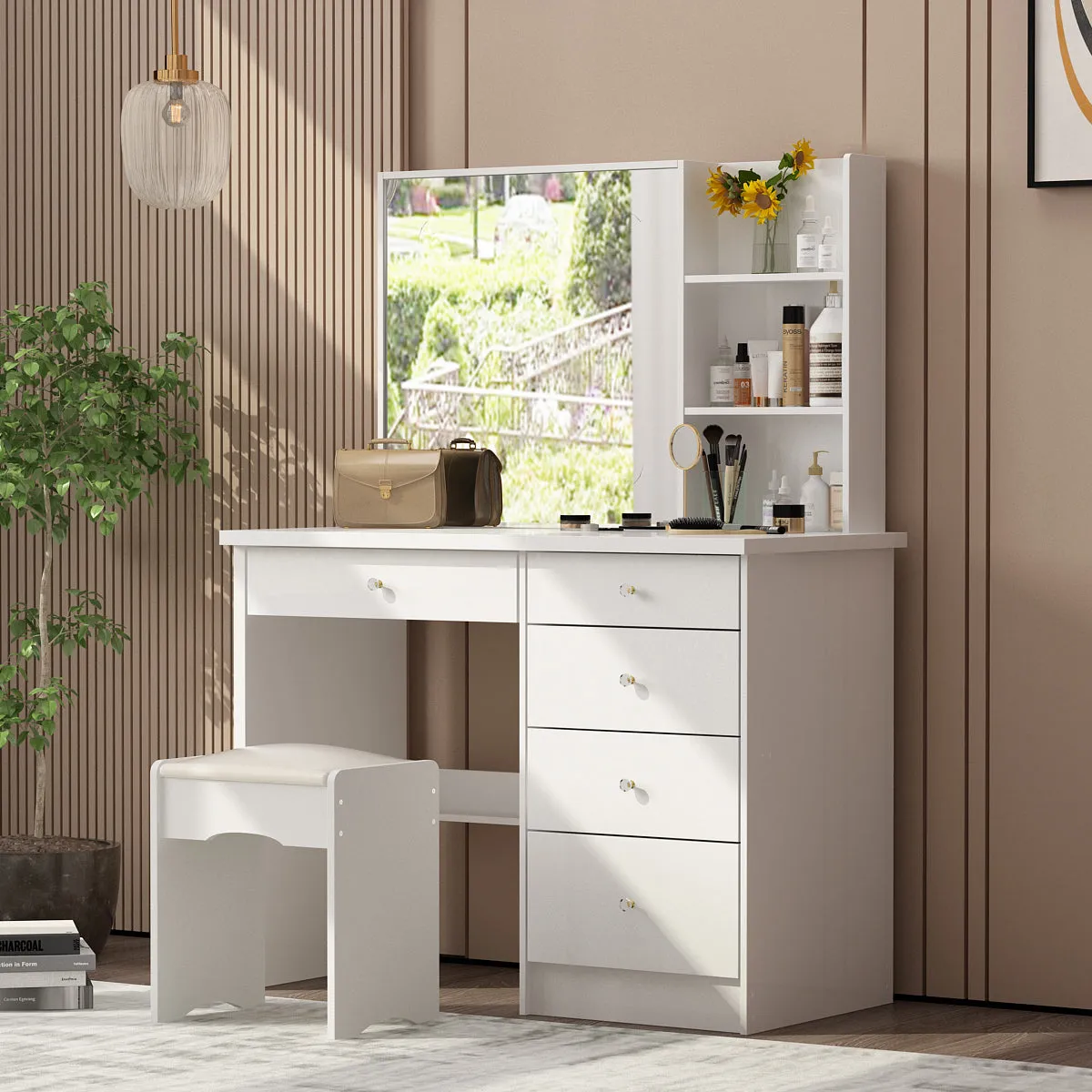 Makeup Vanity Set with Sliding Lighted Mirror, Cushioned Stool, 5 Drawers & Shelves
