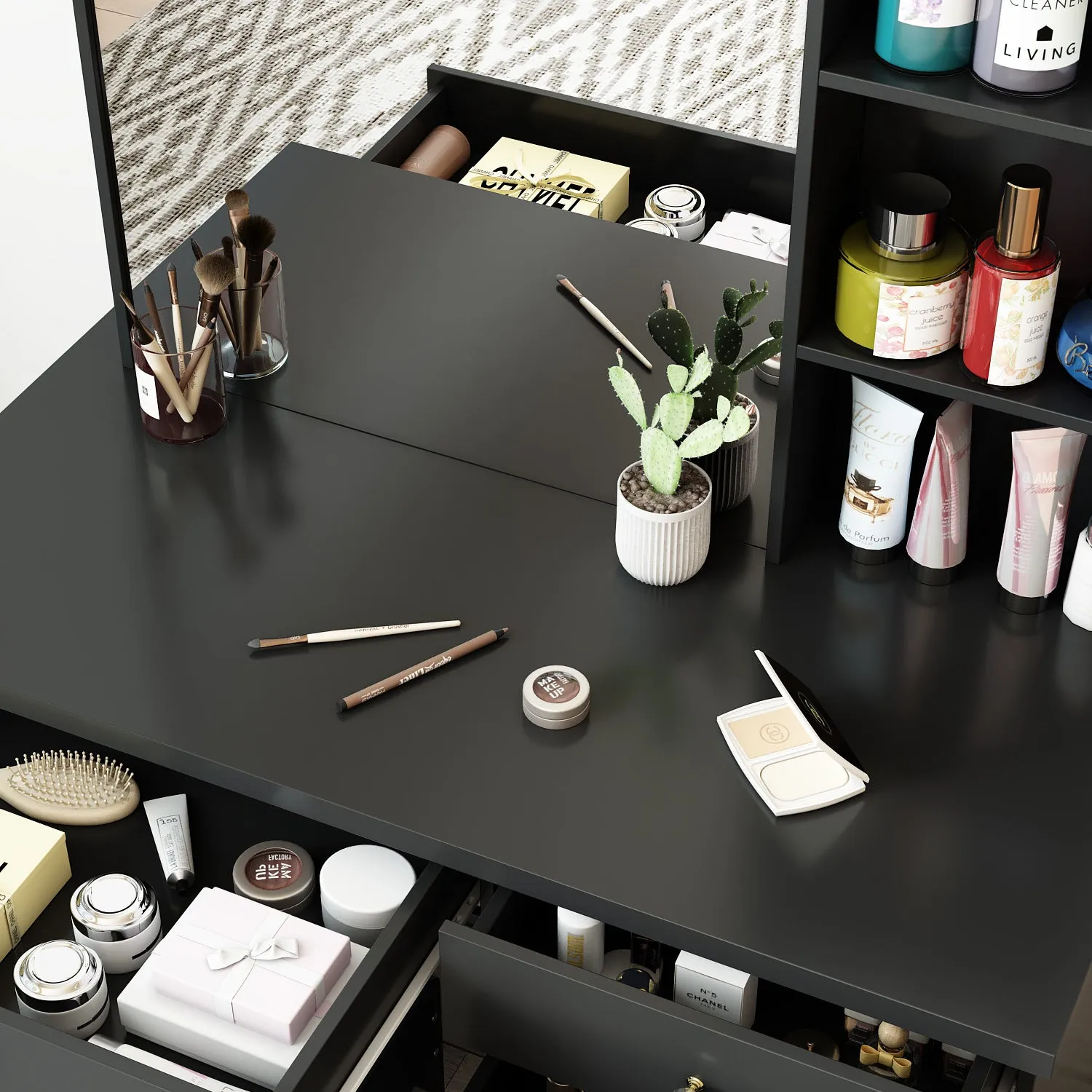 Makeup Vanity Set with Sliding Lighted Mirror, Cushioned Stool, 5 Drawers & Shelves
