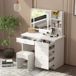 Makeup Vanity Set with Sliding Lighted Mirror, Cushioned Stool, 5 Drawers & Shelves