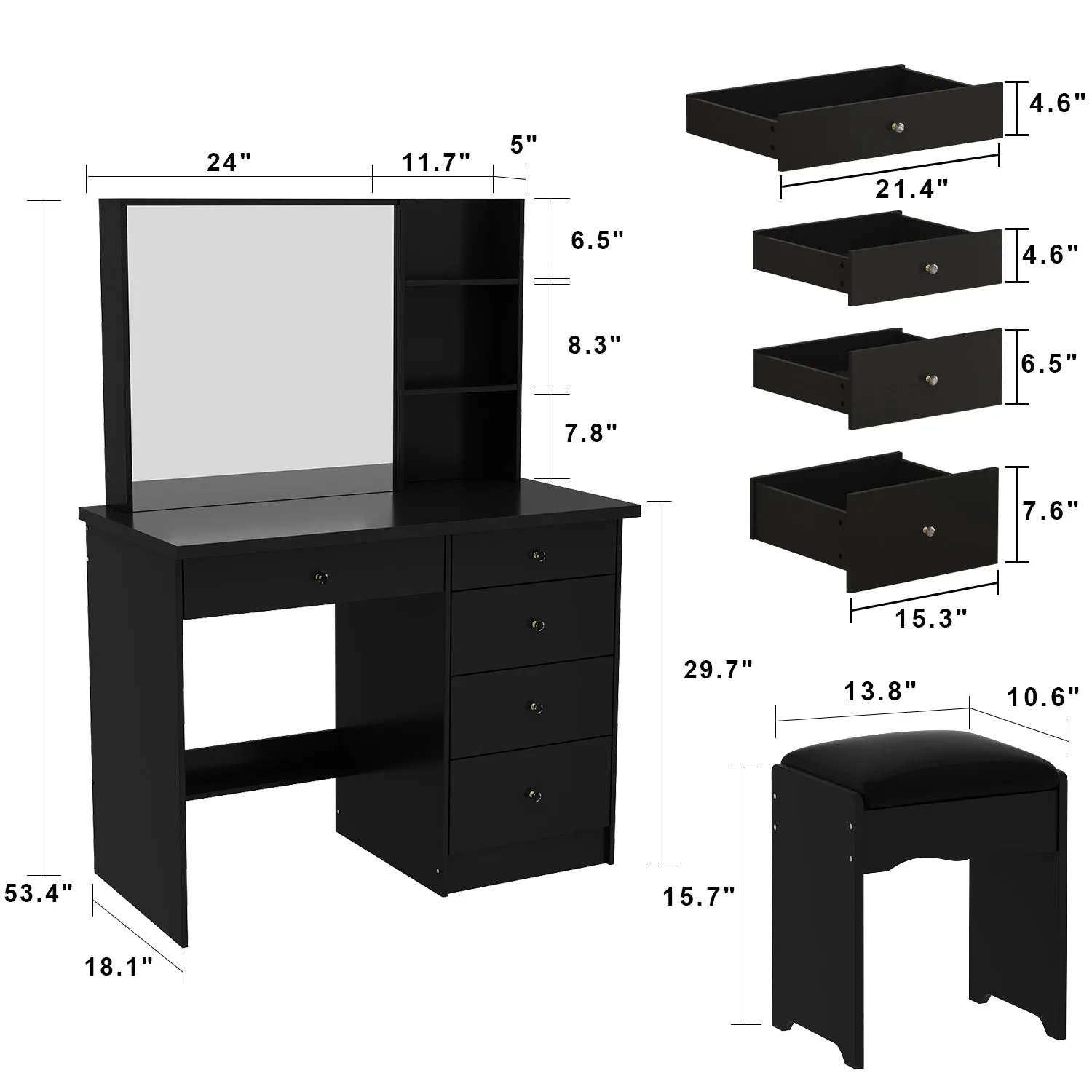Makeup Vanity Set with Sliding Lighted Mirror, Cushioned Stool, 5 Drawers & Shelves