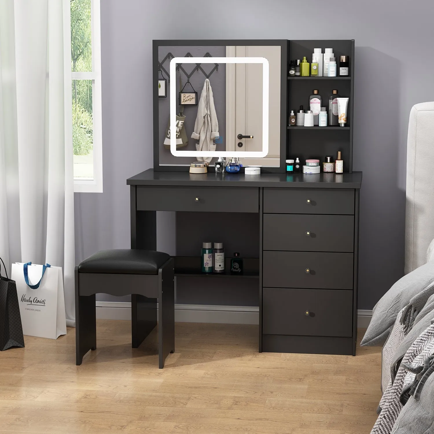 Makeup Vanity Set with Sliding Lighted Mirror, Cushioned Stool, 5 Drawers & Shelves
