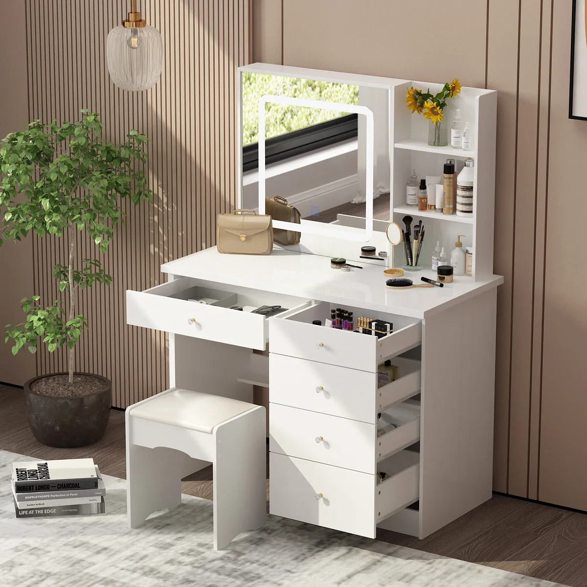 Makeup Vanity Set with Sliding Lighted Mirror, Cushioned Stool, 5 Drawers & Shelves