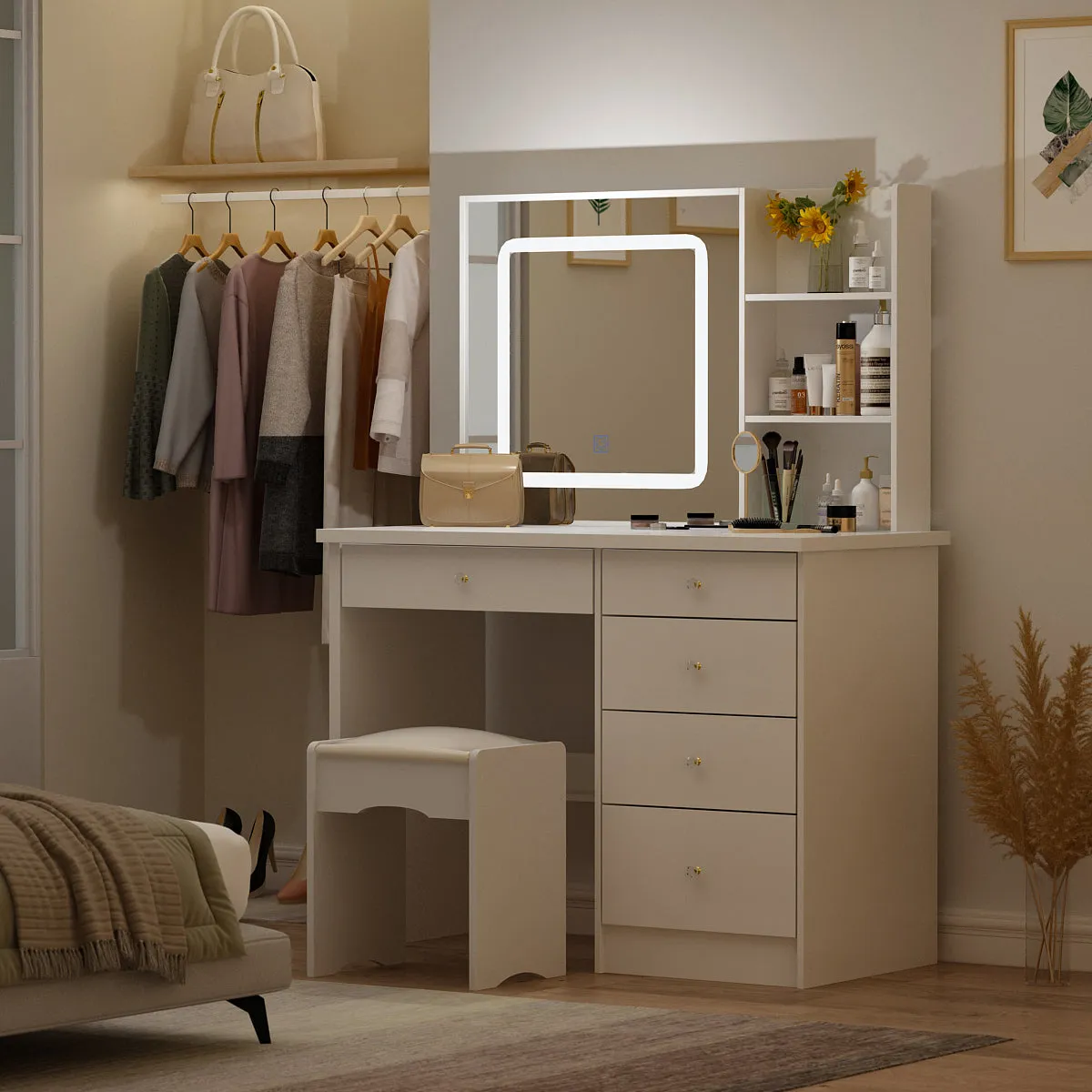 Makeup Vanity Set with Sliding Lighted Mirror, Cushioned Stool, 5 Drawers & Shelves
