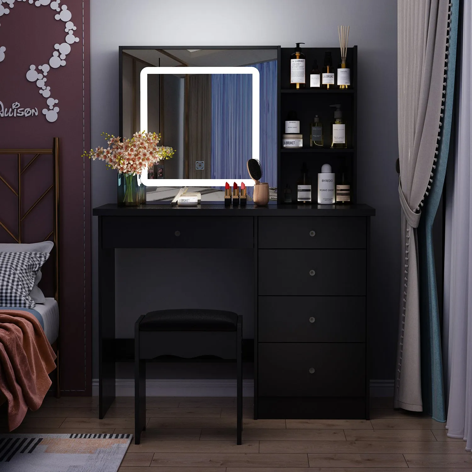 Makeup Vanity Set with Sliding Lighted Mirror, Cushioned Stool, 5 Drawers & Shelves