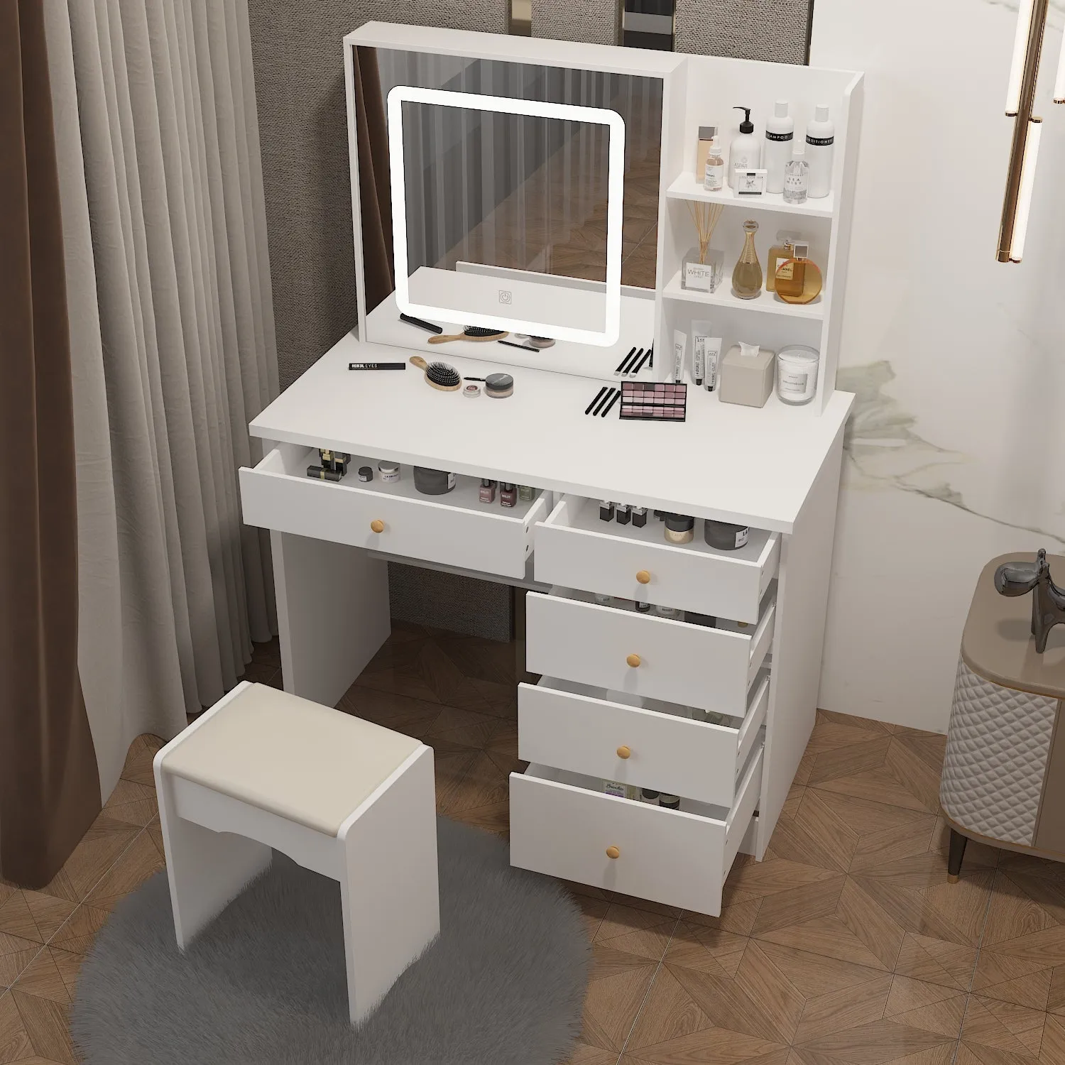 Makeup Vanity Set with Sliding Lighted Mirror, Cushioned Stool, 5 Drawers & Shelves