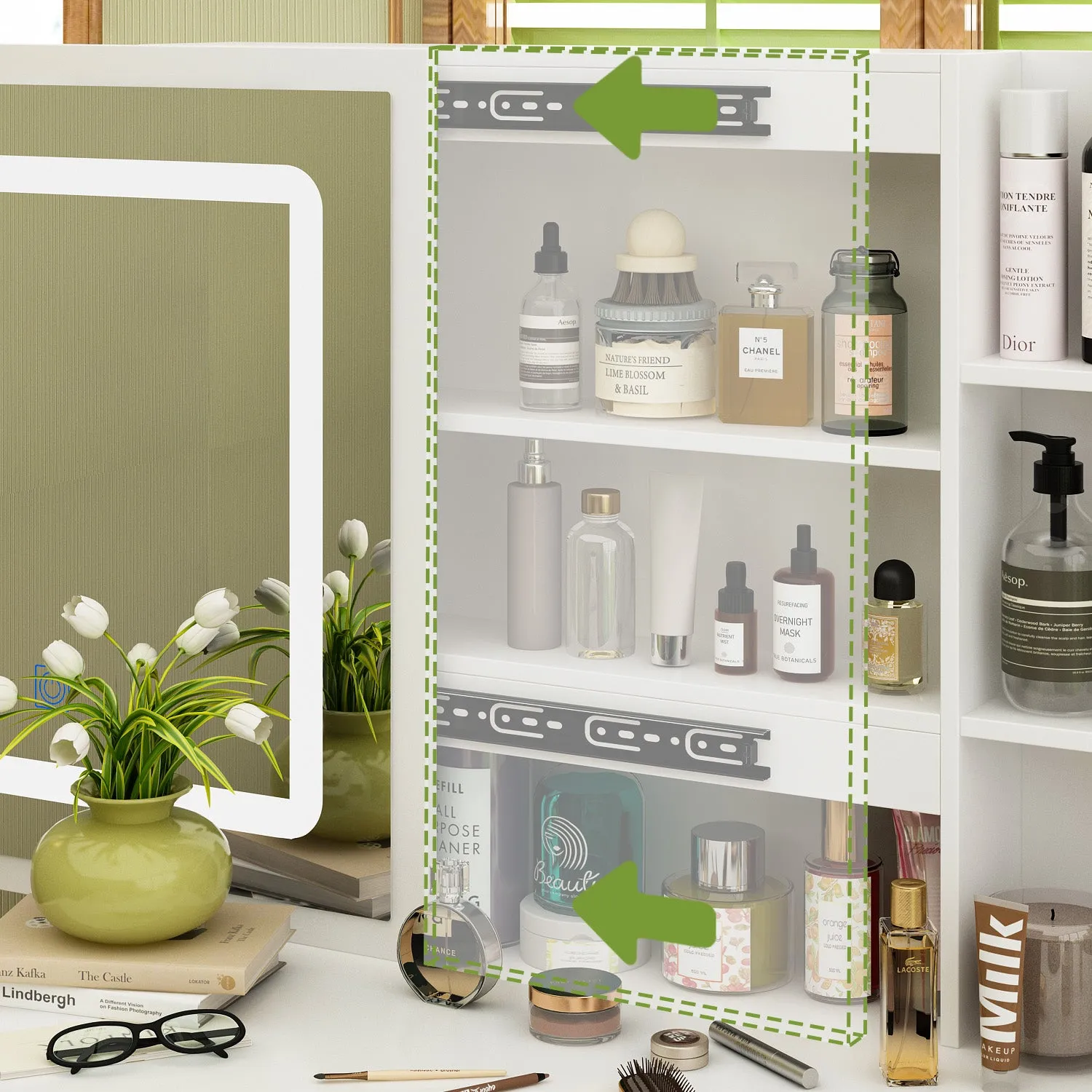Makeup Vanity Set with Sliding Lighted Mirror, Cushioned Stool, 5 Drawers & Shelves