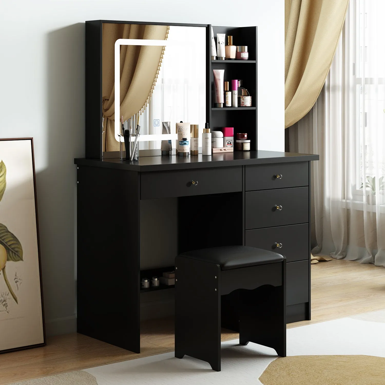 Makeup Vanity Set with Sliding Lighted Mirror, Cushioned Stool, 5 Drawers & Shelves