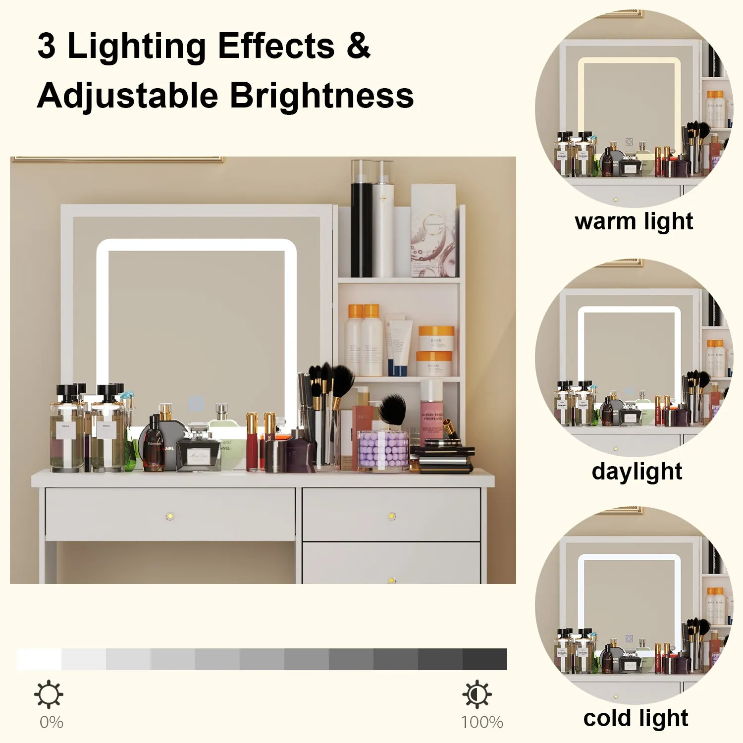 Makeup Vanity Set with Sliding Lighted Mirror, Cushioned Stool, 5 Drawers & Shelves