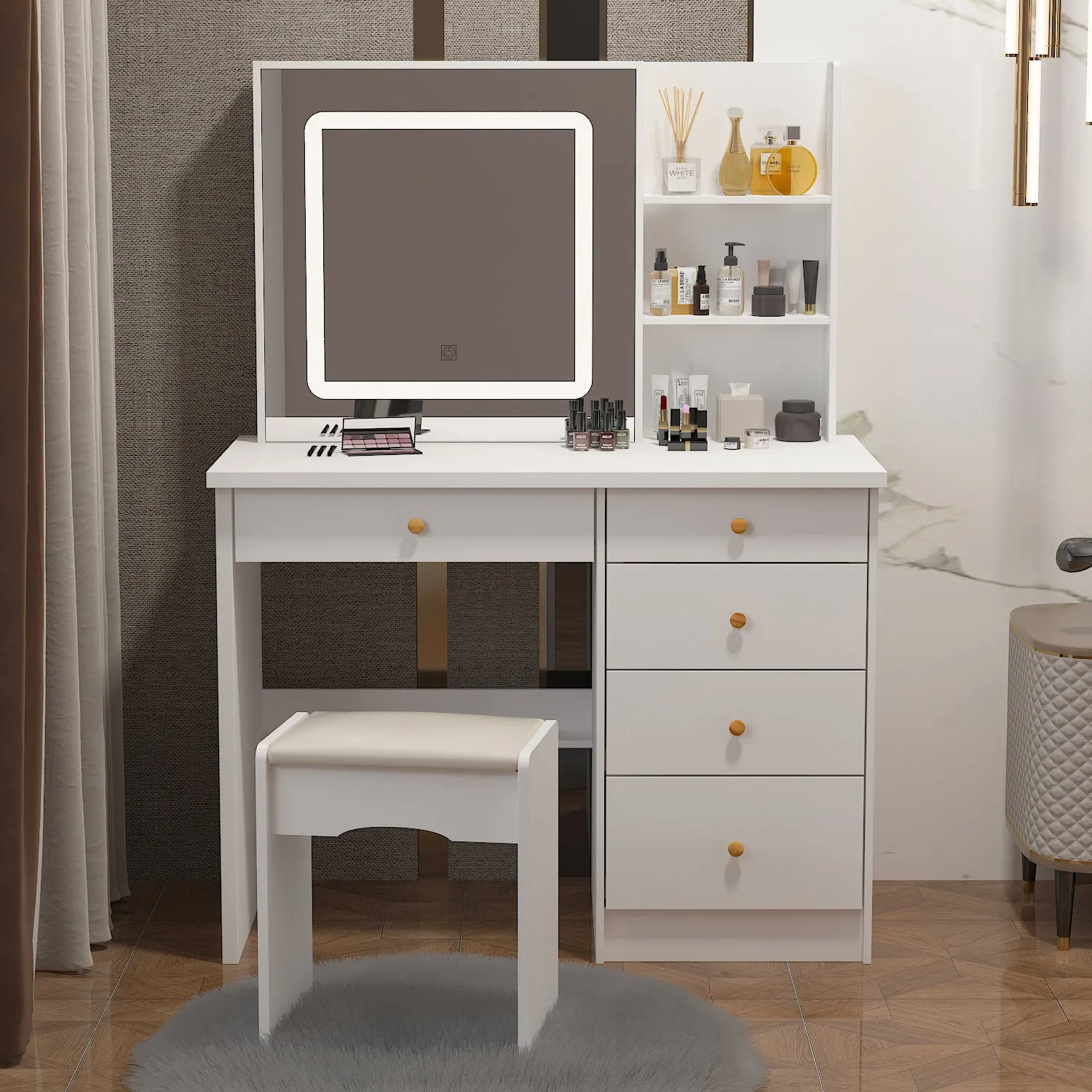 Makeup Vanity Set with Sliding Lighted Mirror, Cushioned Stool, 5 Drawers & Shelves
