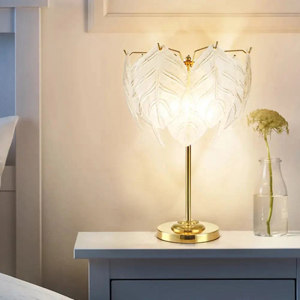 Modernist Hand-Cut Crystal Leaf Reading Light - 3/4 Bulbs, 14"/16" Wide, Gold Nightstand Lamp