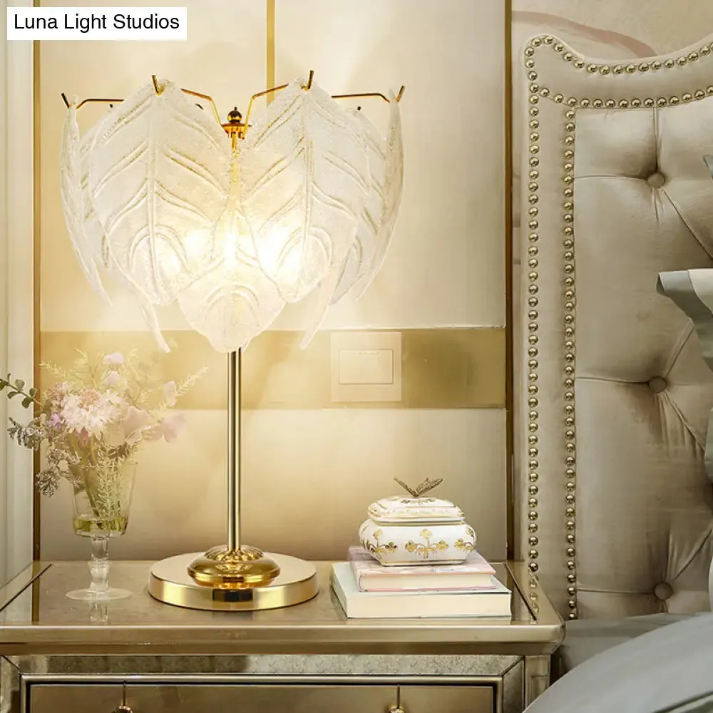 Modernist Hand-Cut Crystal Leaf Reading Light - 3/4 Bulbs, 14"/16" Wide, Gold Nightstand Lamp