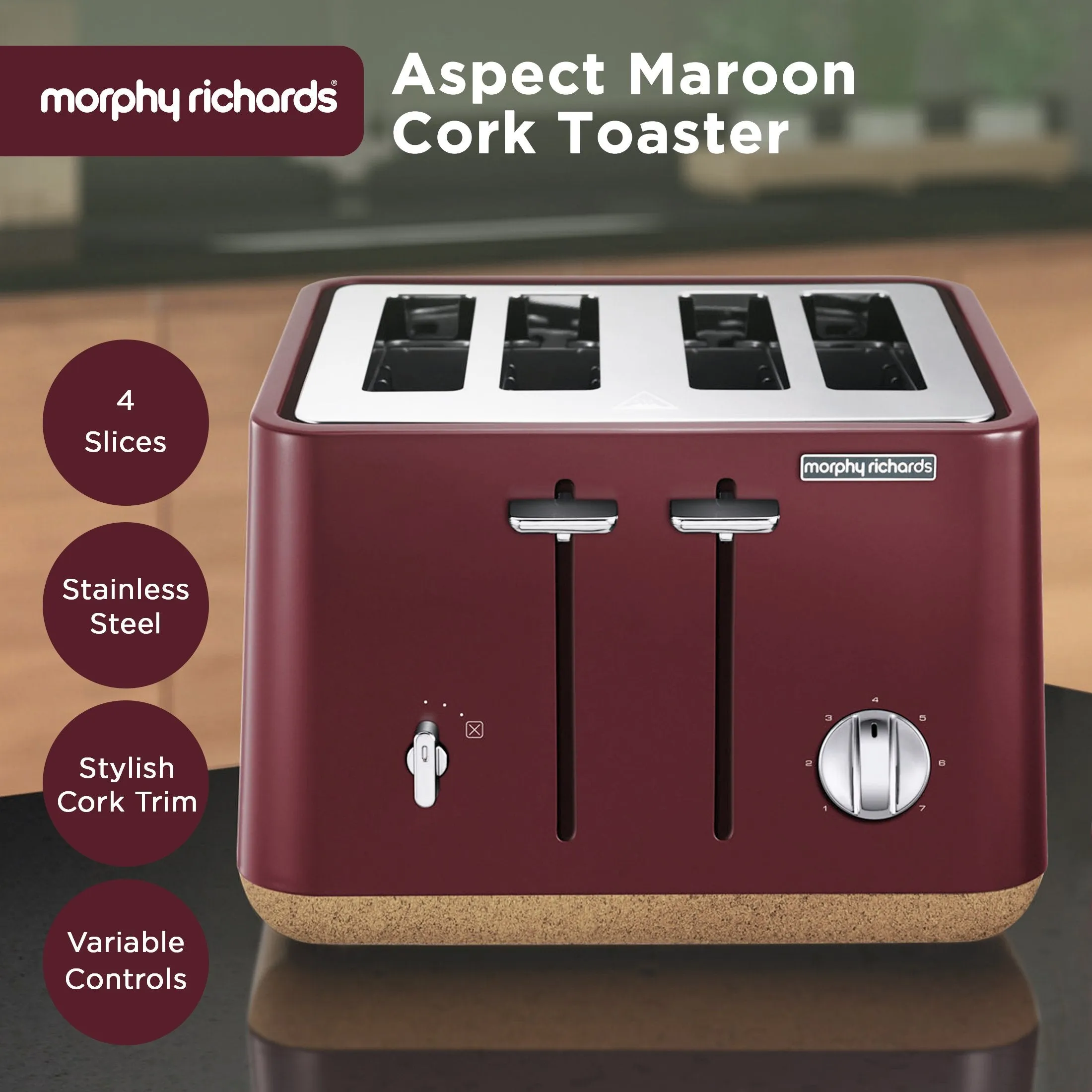 Morphy Richards Aspect 4-Slice Toaster Bread Toasting- Maroon & Cork-Effect Trim