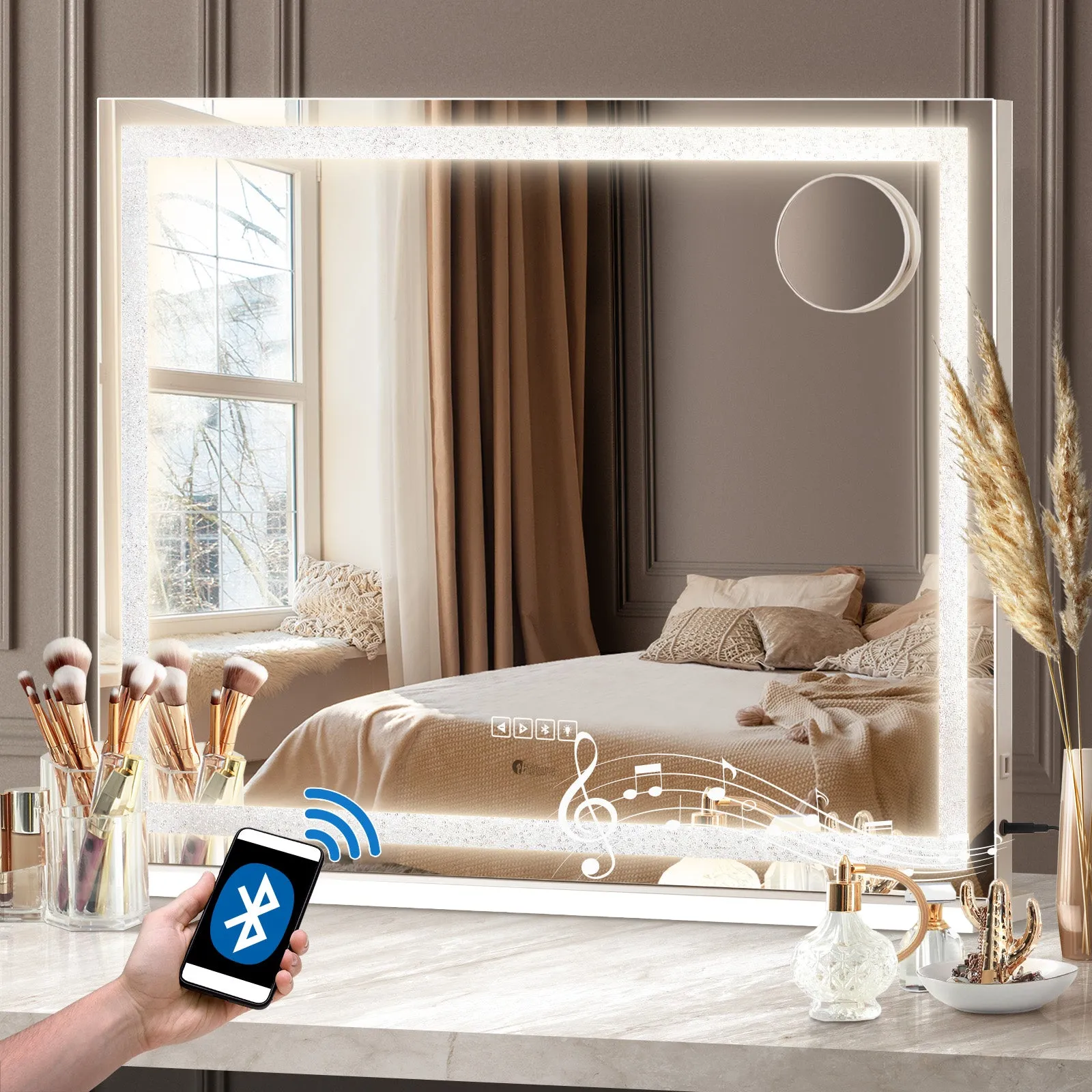 Oikiture Bluetooth Hollywood LED Makeup Mirror 80x62cm Crystal Vanity Mirrors