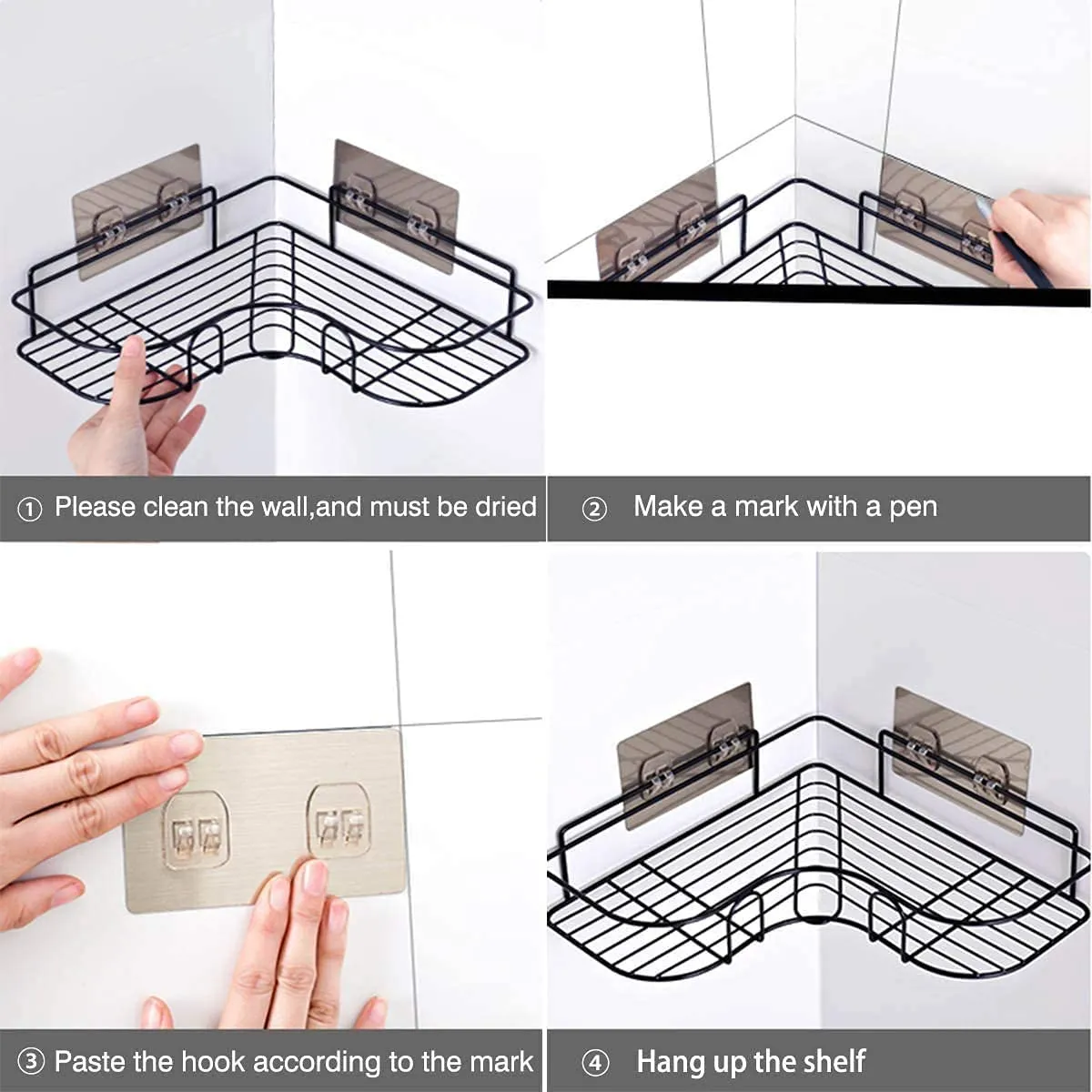 Oslen ( Pack of 2 Self-Adhesive Shelf/Storage Organizer for Bathroom and Kitchen Corner Wall Mounted Rack Shelf Bathroom Accessories Storage Rack (No Drilling-Shelf Adhesive) (Black)