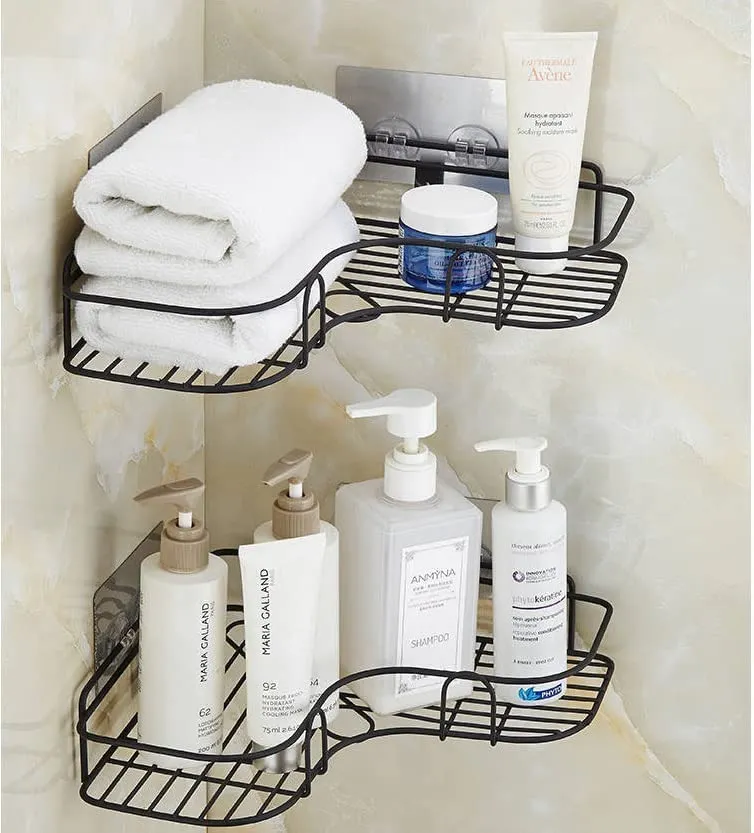 Oslen ( Pack of 2 Self-Adhesive Shelf/Storage Organizer for Bathroom and Kitchen Corner Wall Mounted Rack Shelf Bathroom Accessories Storage Rack (No Drilling-Shelf Adhesive) (Black)