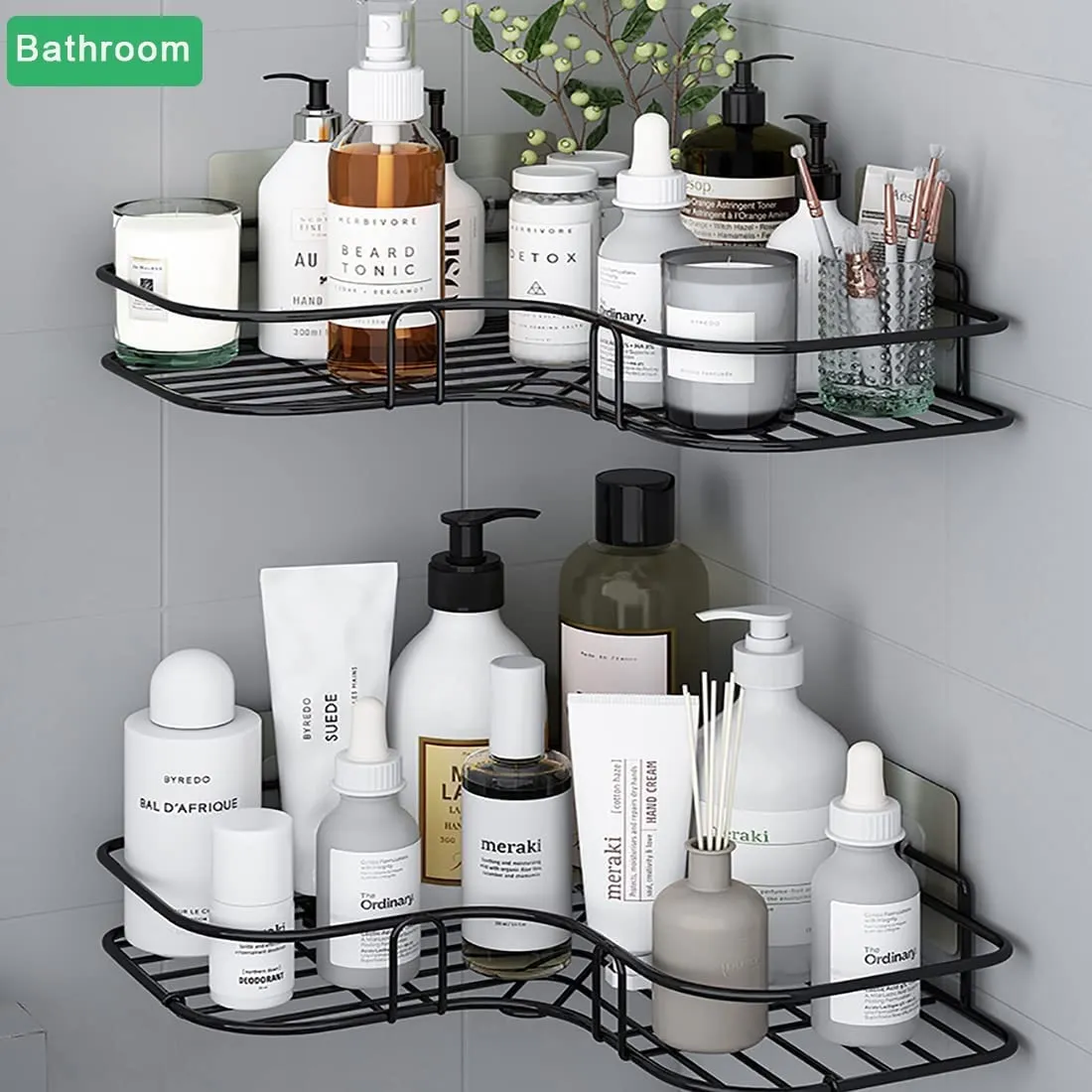 Oslen ( Pack of 2 Self-Adhesive Shelf/Storage Organizer for Bathroom and Kitchen Corner Wall Mounted Rack Shelf Bathroom Accessories Storage Rack (No Drilling-Shelf Adhesive) (Black)