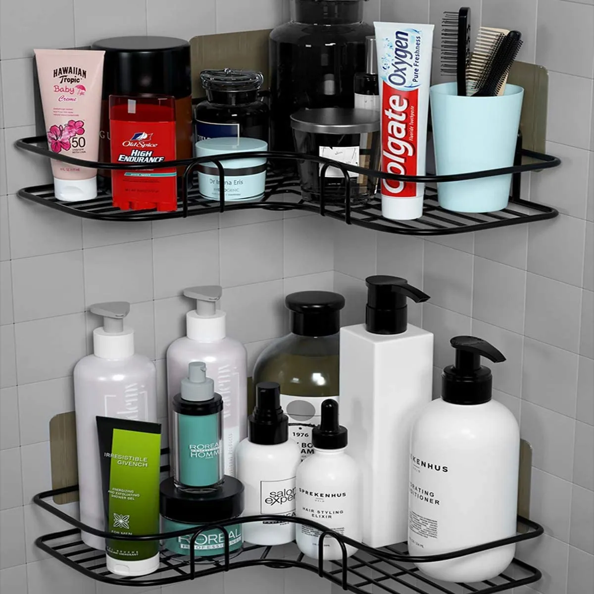 Oslen ( Pack of 2 Self-Adhesive Shelf/Storage Organizer for Bathroom and Kitchen Corner Wall Mounted Rack Shelf Bathroom Accessories Storage Rack (No Drilling-Shelf Adhesive) (Black)